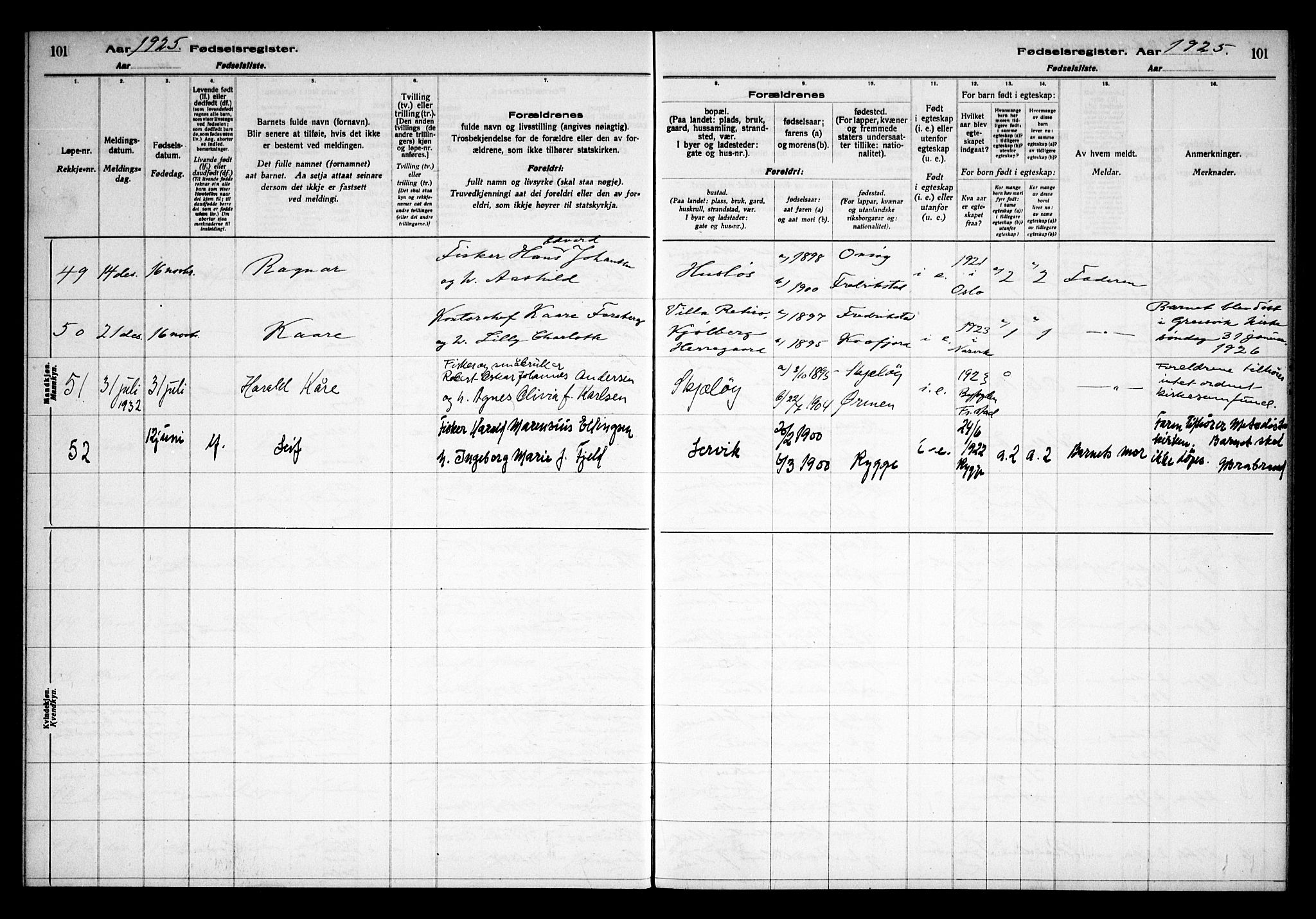 Onsøy prestekontor Kirkebøker, AV/SAO-A-10914/J/Ja/L0001: Fødselsregister nr. I 1, 1916-1937, s. 101