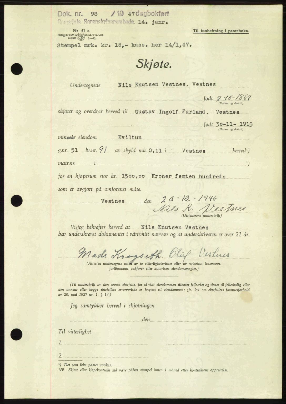 Romsdal sorenskriveri, AV/SAT-A-4149/1/2/2C: Pantebok nr. A22, 1947-1947, Dagboknr: 98/1947