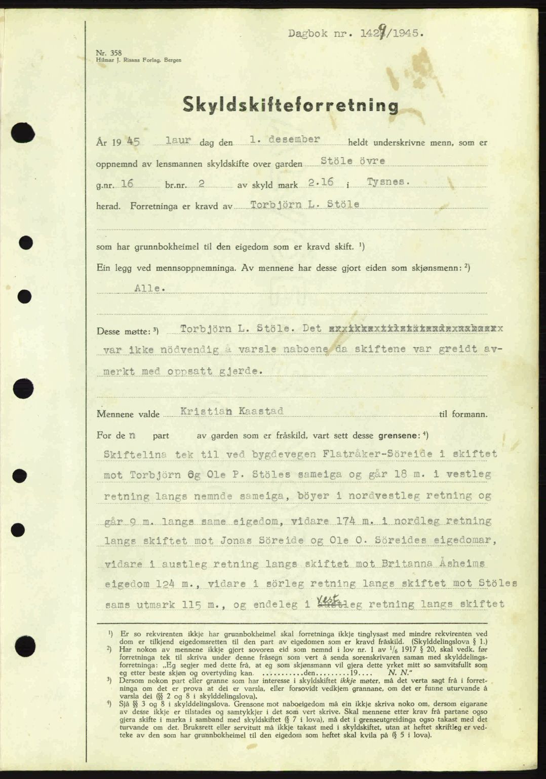 Sunnhordland sorenskrivar, AV/SAB-A-2401: Pantebok nr. A77, 1945-1945, Dagboknr: 1429/1945