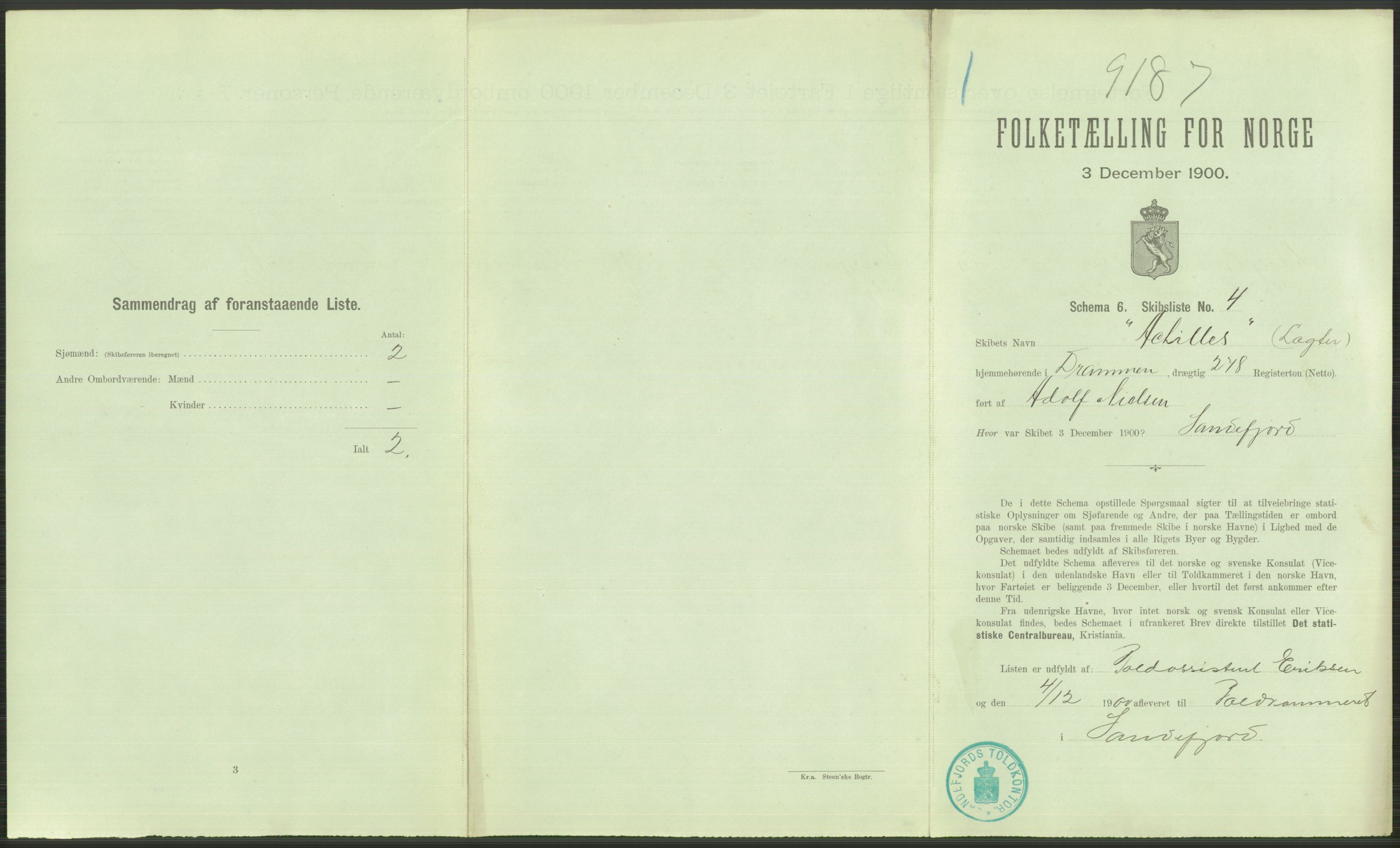 RA, Folketelling 1900 - skipslister med personlister for skip i norske havner, utenlandske havner og til havs, 1900, s. 537