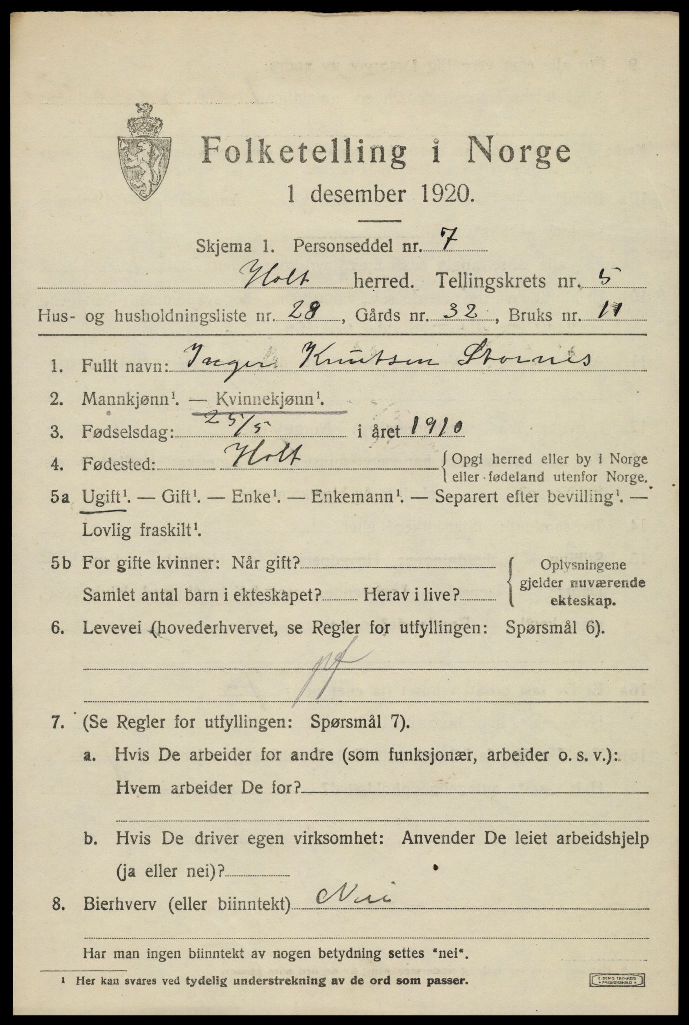 SAK, Folketelling 1920 for 0914 Holt herred, 1920, s. 3780