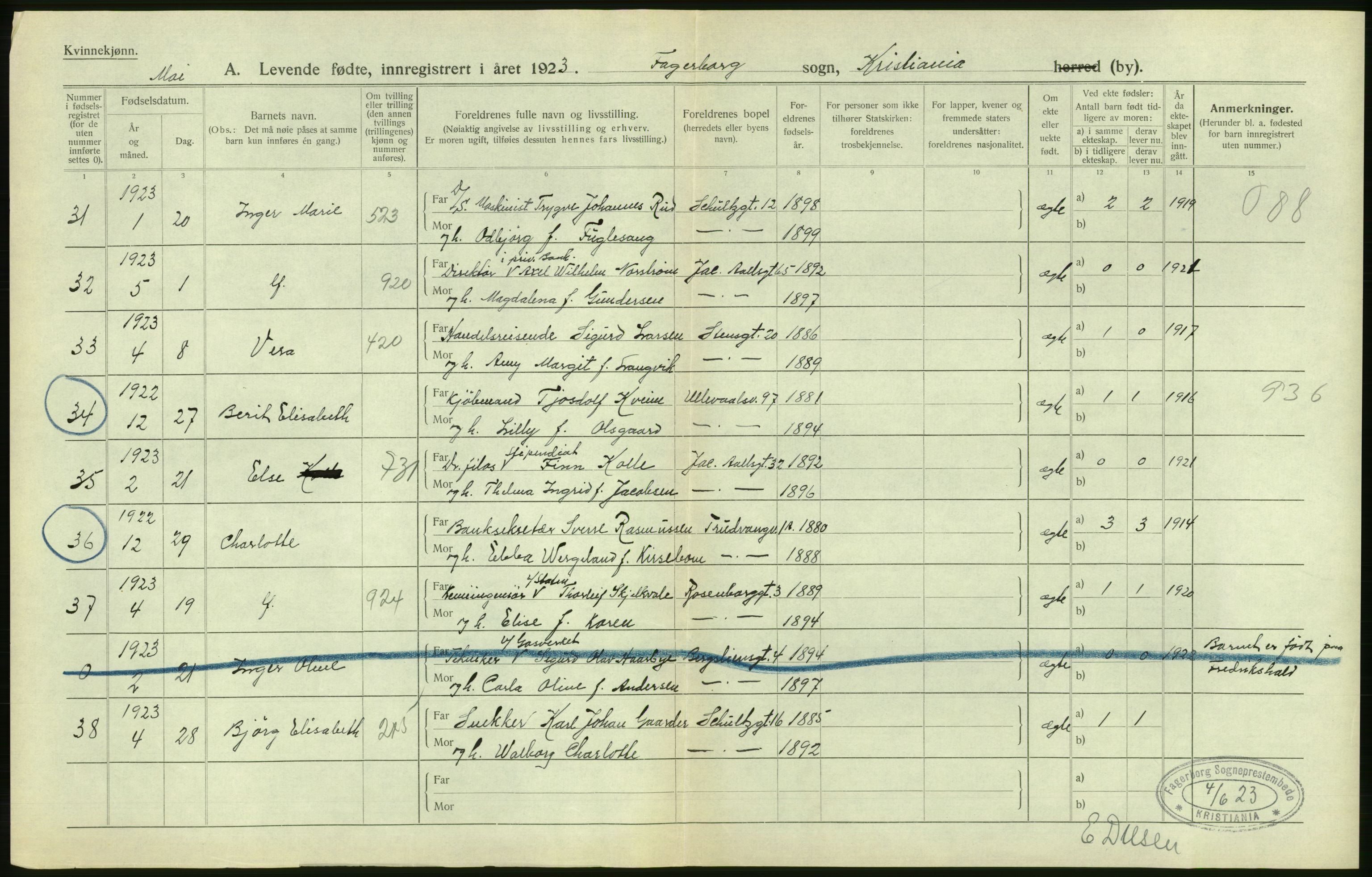 Statistisk sentralbyrå, Sosiodemografiske emner, Befolkning, AV/RA-S-2228/D/Df/Dfc/Dfcc/L0006: Kristiania: Levendefødte menn og kvinner., 1923, s. 86