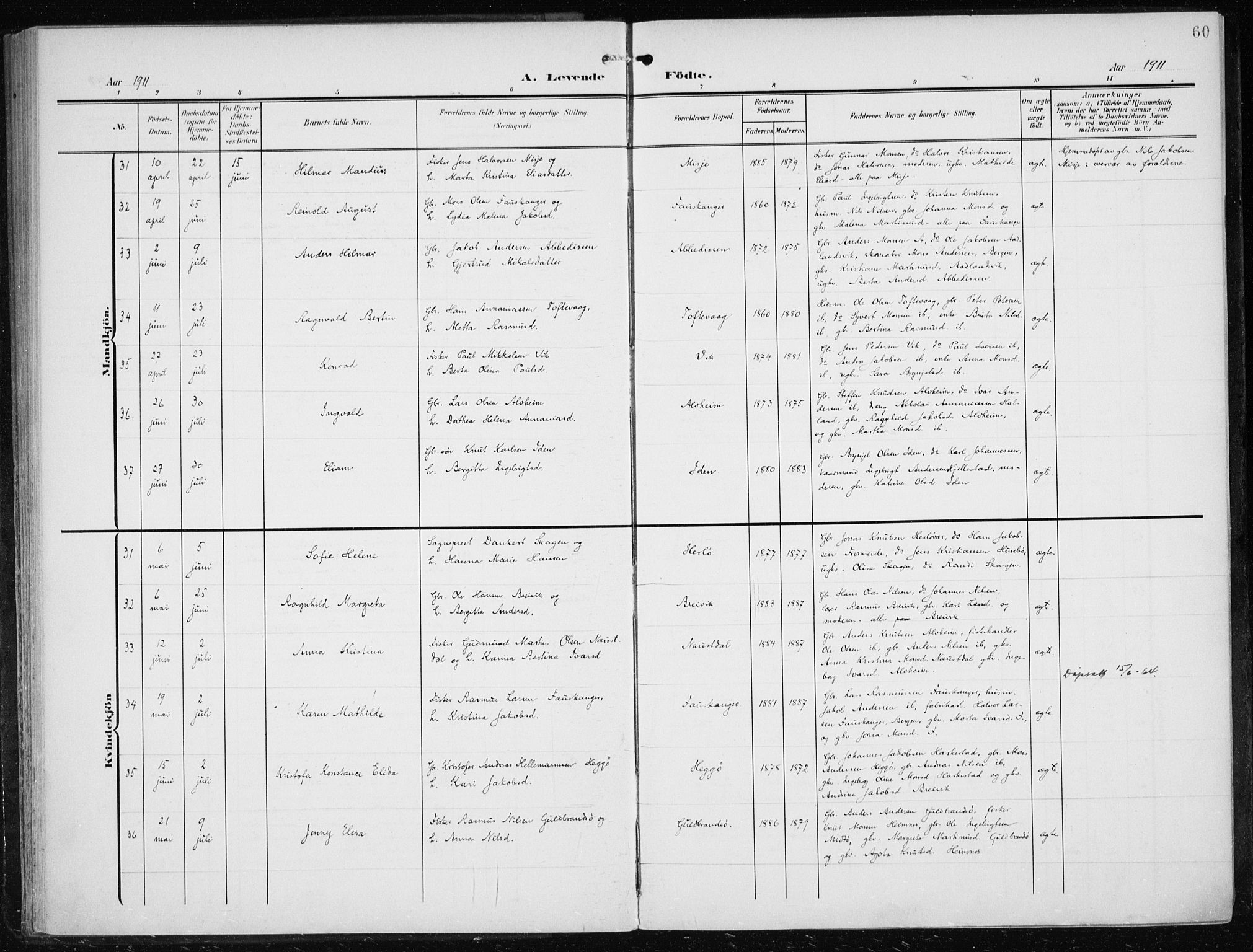 Herdla Sokneprestembete, AV/SAB-A-75701/H/Haa: Ministerialbok nr. A 5, 1905-1918, s. 60