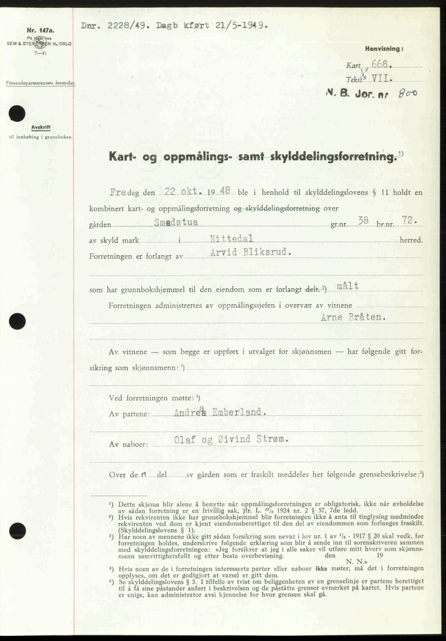 Nedre Romerike sorenskriveri, SAO/A-10469/G/Gb/Gbd/L0025: Pantebok nr. 25, 1949-1949, Dagboknr: 2228/1949