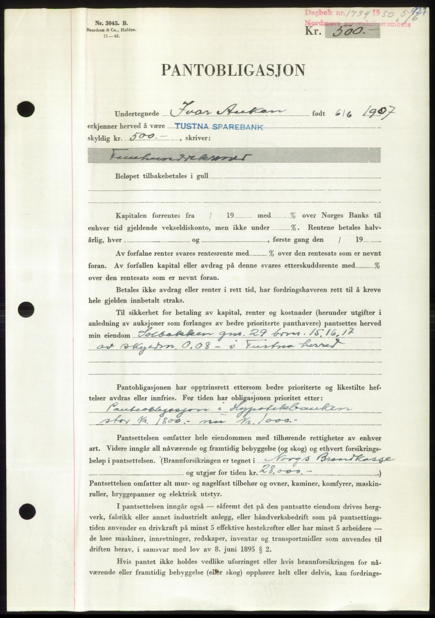 Nordmøre sorenskriveri, SAT/A-4132/1/2/2Ca: Pantebok nr. B104, 1950-1950, Dagboknr: 1734/1950