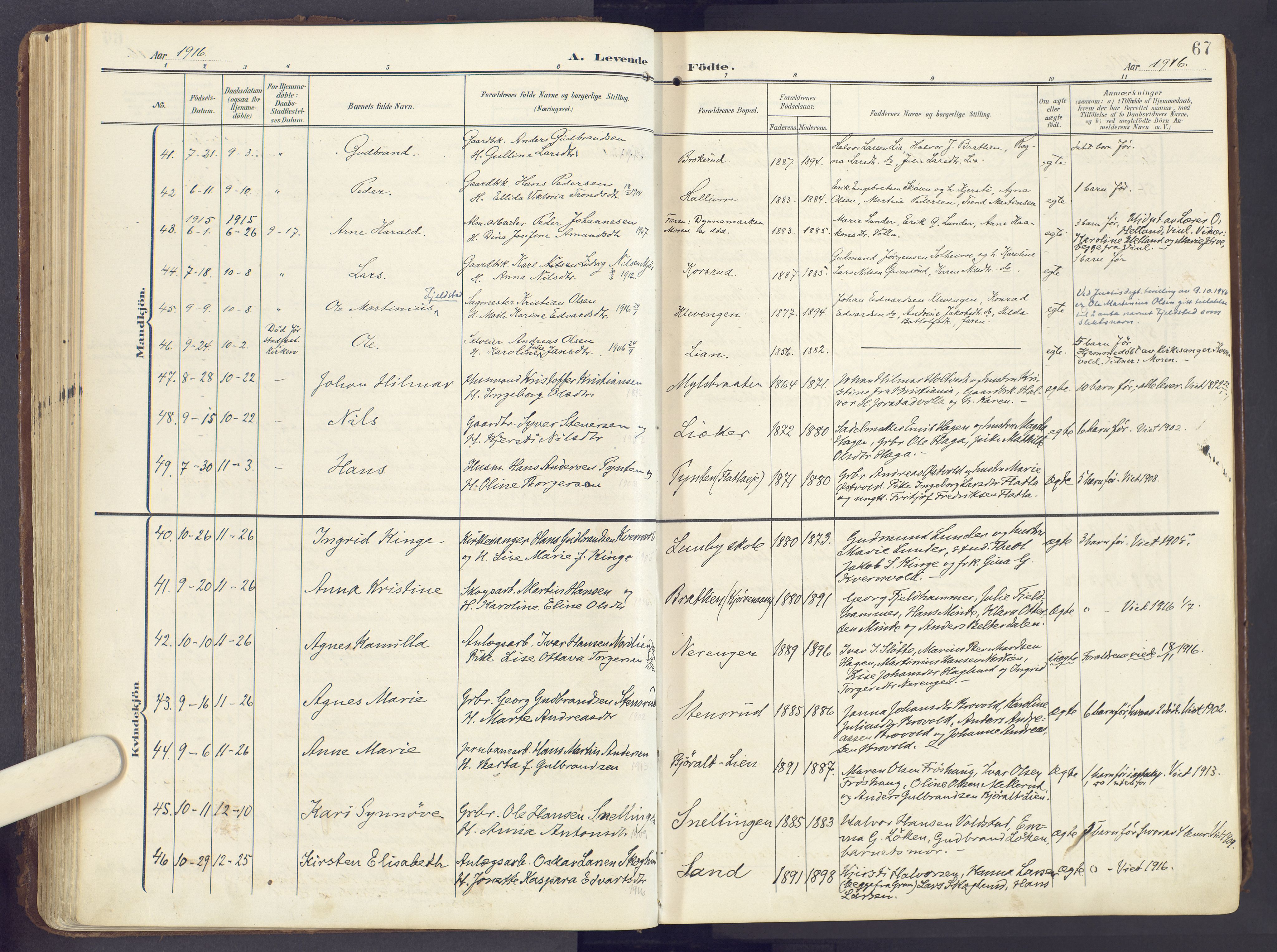 Lunner prestekontor, SAH/PREST-118/H/Ha/Haa/L0001: Ministerialbok nr. 1, 1907-1922, s. 67