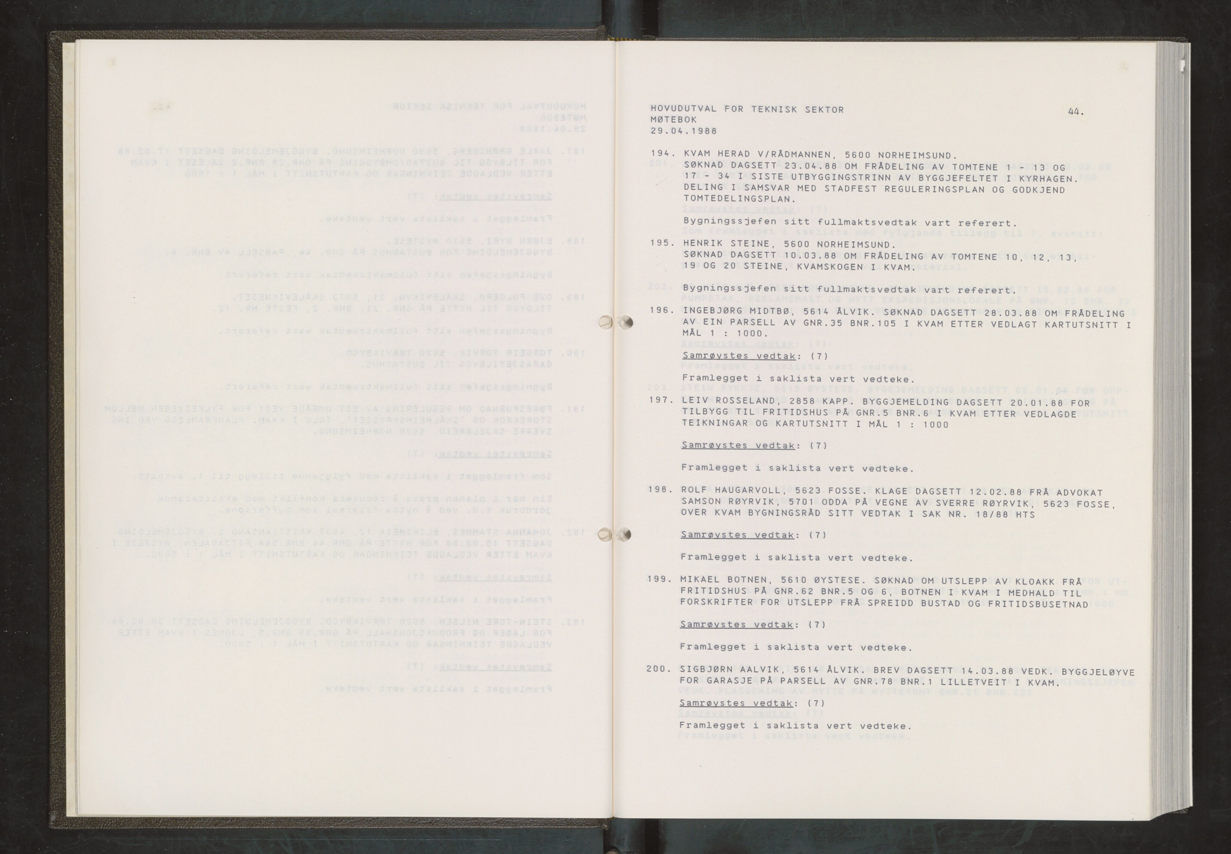 Kvam herad. Hovudutval for Teknisk sektor, IKAH/1238-513.1/A/Aa/L0002: Møtebok for Hovudutval for Teknisk Sektor, 1988