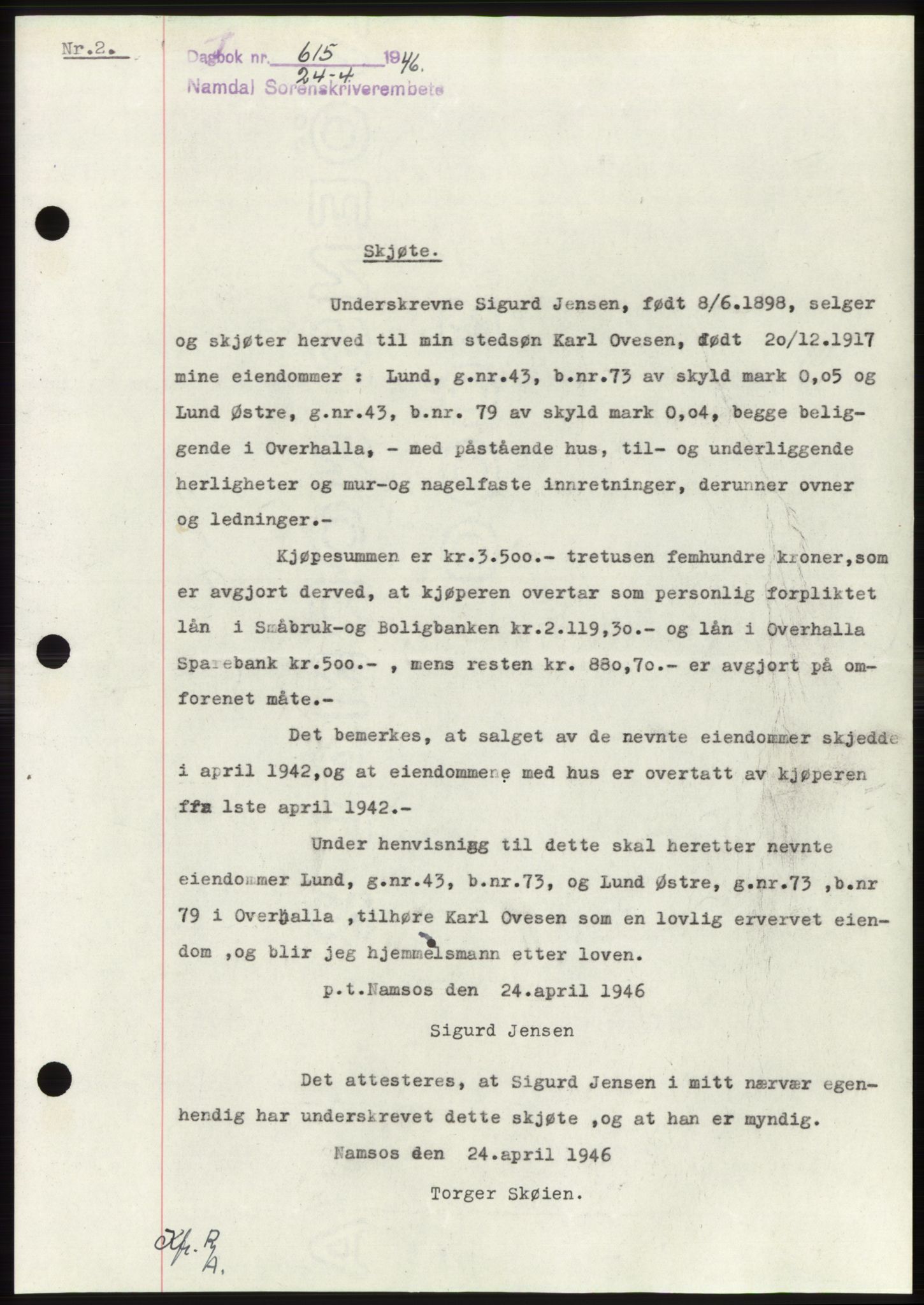 Namdal sorenskriveri, SAT/A-4133/1/2/2C: Pantebok nr. -, 1946-1946, Dagboknr: 615/1946