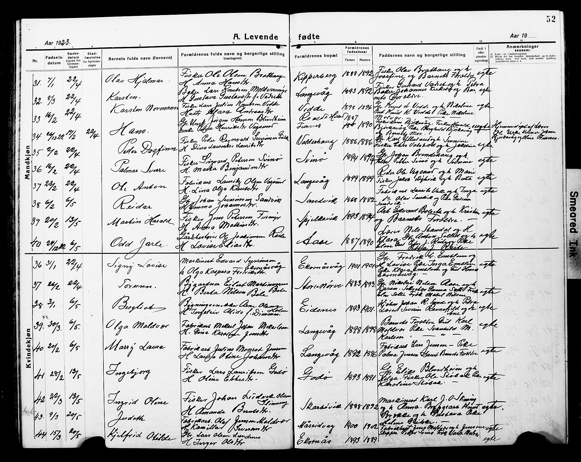 Ministerialprotokoller, klokkerbøker og fødselsregistre - Møre og Romsdal, AV/SAT-A-1454/528/L0434: Klokkerbok nr. 528C15, 1919-1927, s. 52