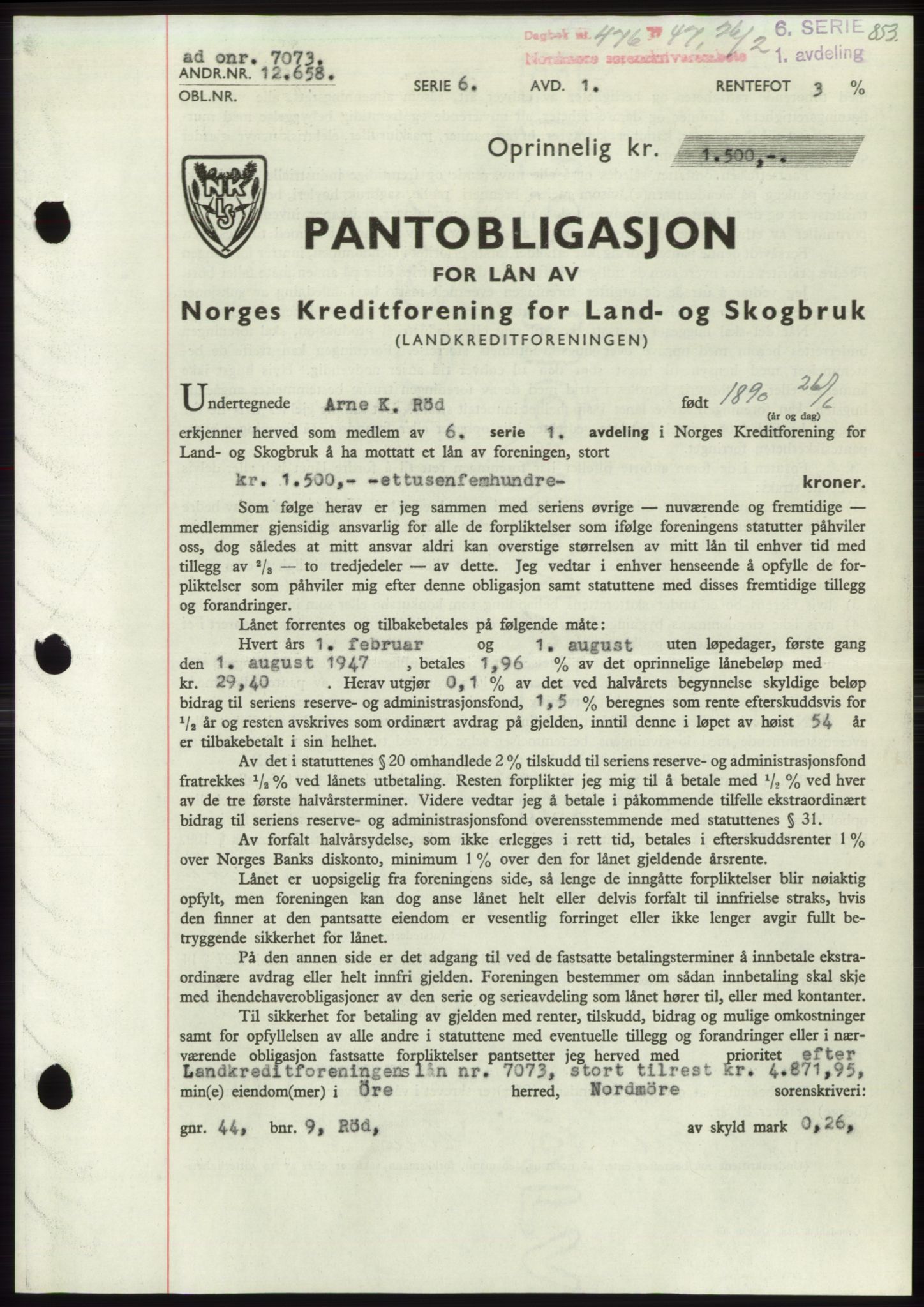 Nordmøre sorenskriveri, SAT/A-4132/1/2/2Ca: Pantebok nr. B95, 1946-1947, Dagboknr: 476/1947