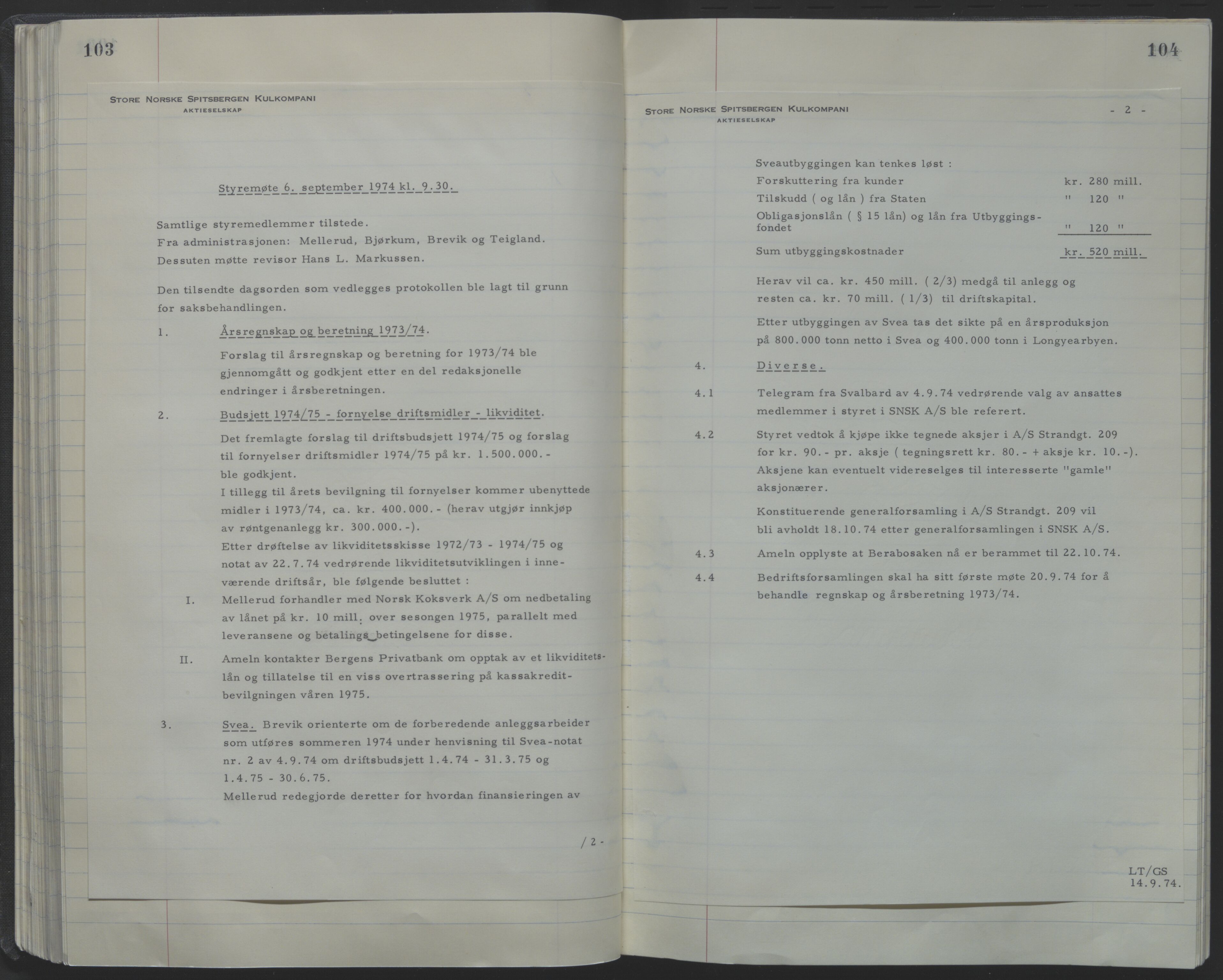 Store Norske Spitsbergen Kulkompani A/S, AV/SATØ-P-0073/09/A/Ab/Aba/L0001: Styreprotokoll 6, 1970-1979, s. 103-104