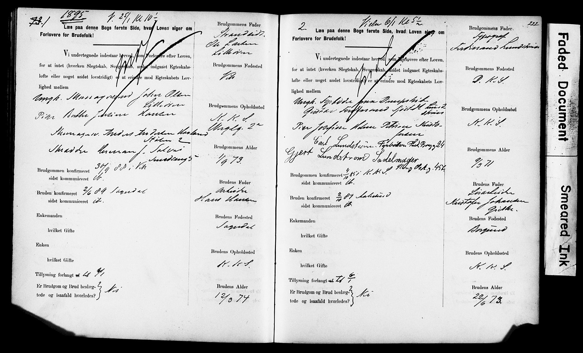 Korskirken sokneprestembete, SAB/A-76101: Forlovererklæringer nr. II.5.6, 1889-1898, s. 222
