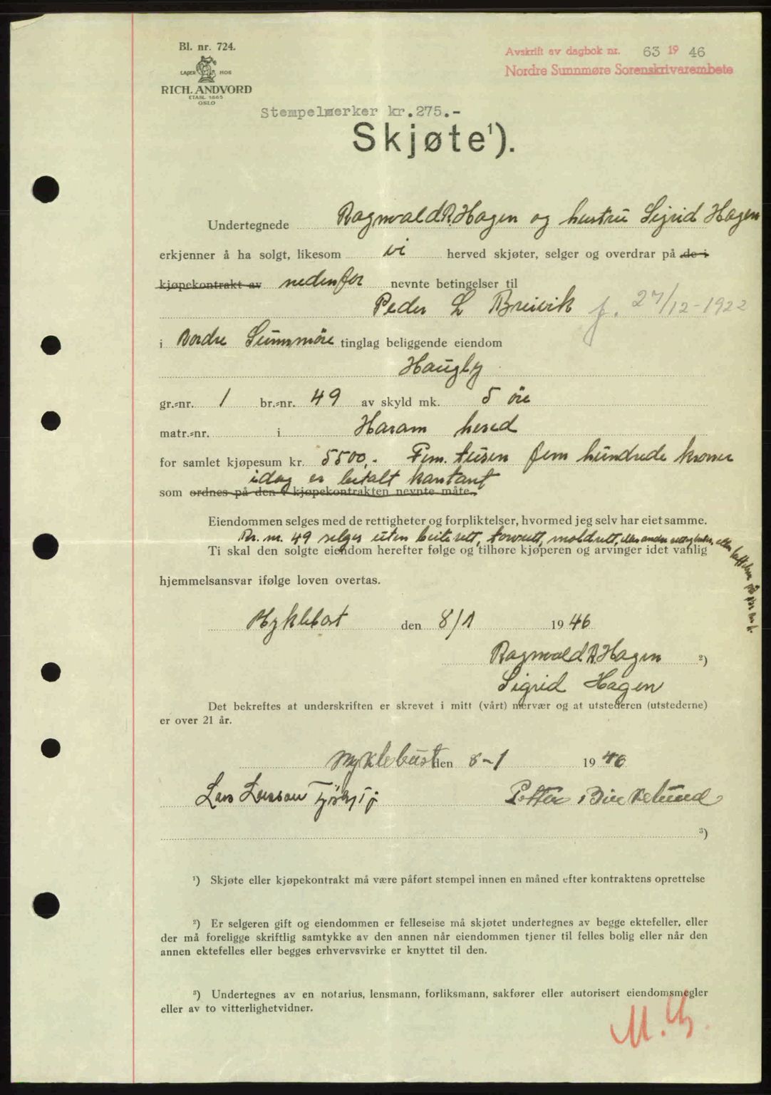 Nordre Sunnmøre sorenskriveri, AV/SAT-A-0006/1/2/2C/2Ca: Pantebok nr. A20b, 1946-1946, Dagboknr: 63/1946