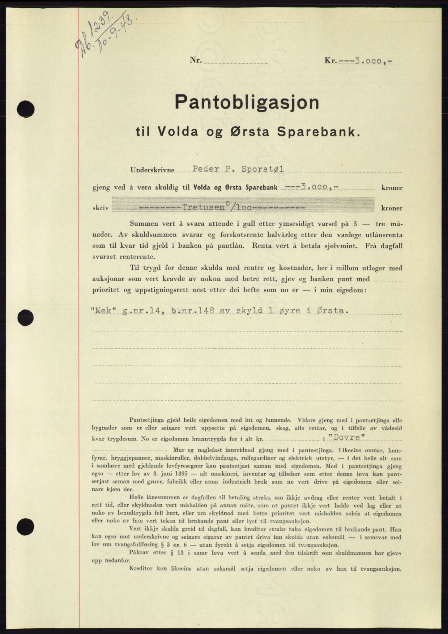 Søre Sunnmøre sorenskriveri, AV/SAT-A-4122/1/2/2C/L0116: Pantebok nr. 4B, 1948-1949, Dagboknr: 1239/1948