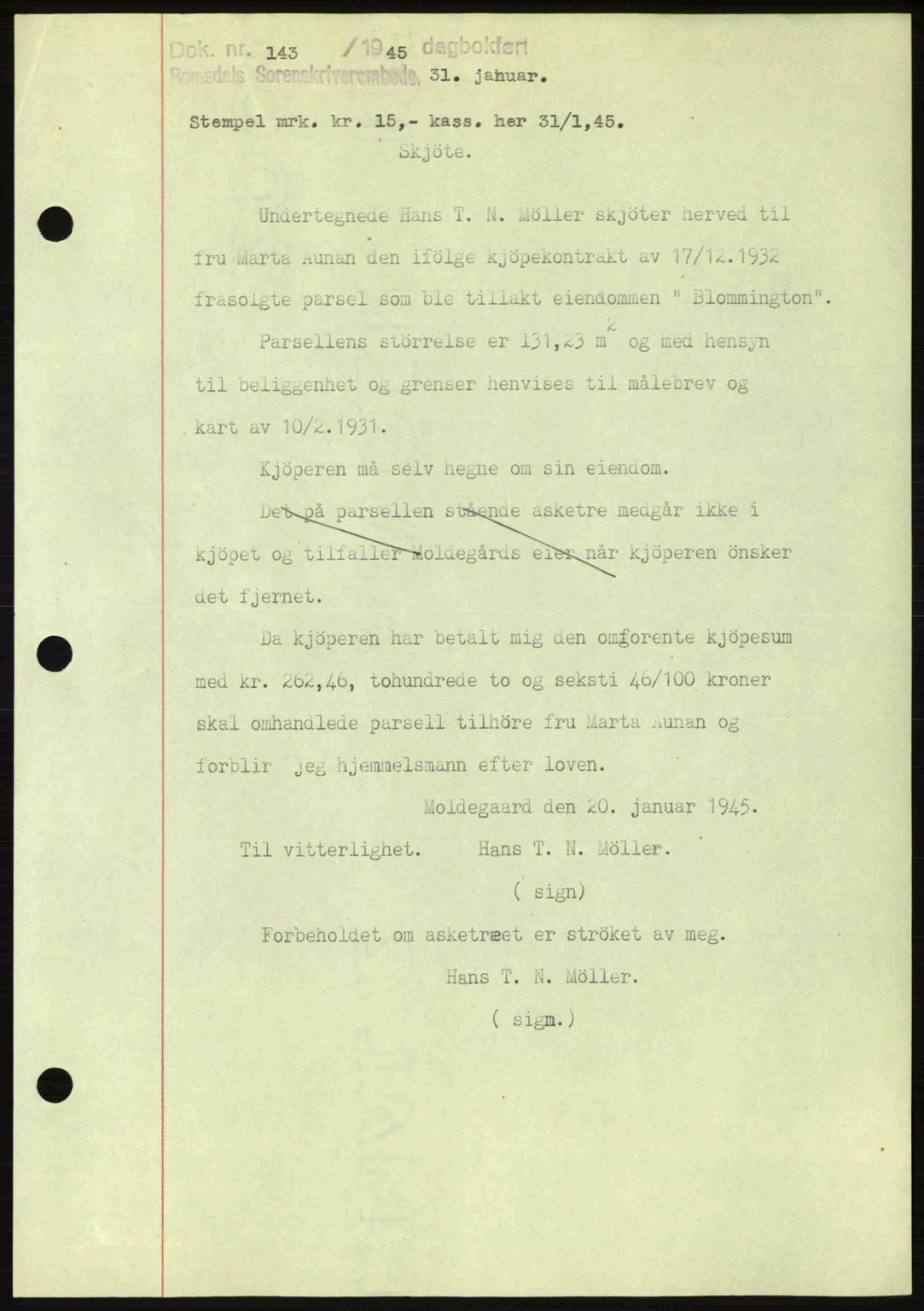 Romsdal sorenskriveri, SAT/A-4149/1/2/2C: Pantebok nr. A17, 1944-1945, Dagboknr: 143/1945