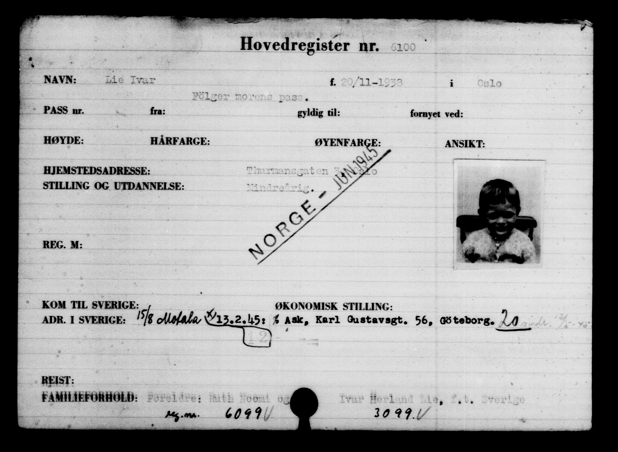 Utenriksstasjonene, Legasjonen i Stockholm, Flyktningkontoret, AV/RA-S-6753/V/Va/L0004: Kjesäterkartoteket, flyktninger med registreringsnr. 3496-6610, 1940-1945, s. 3051