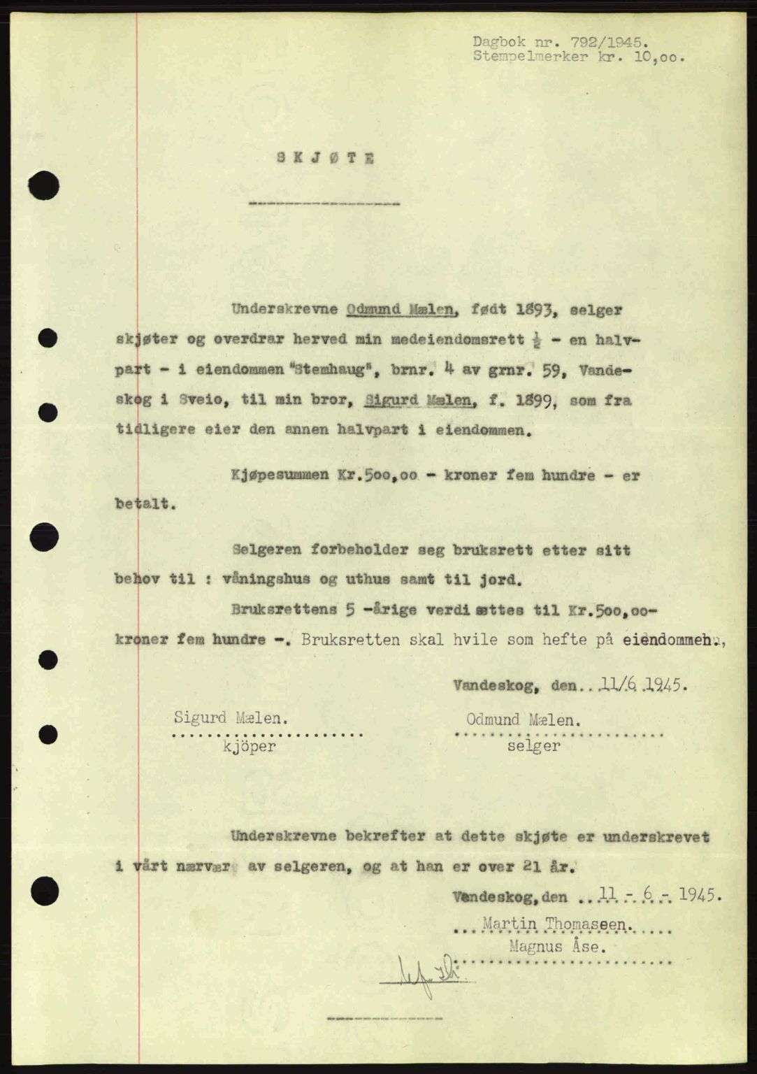 Sunnhordland sorenskrivar, AV/SAB-A-2401: Pantebok nr. A77, 1945-1945, Dagboknr: 792/1945