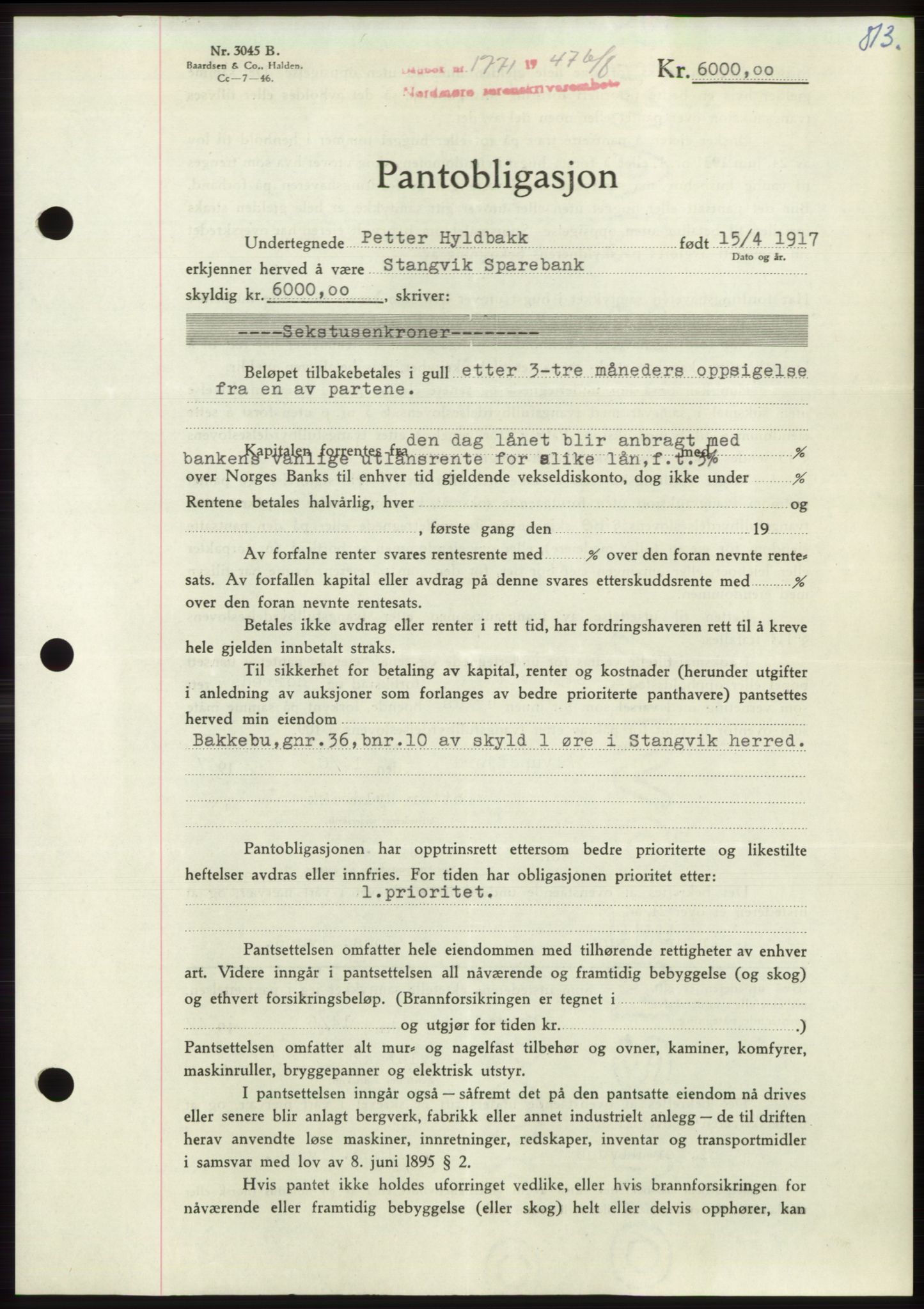 Nordmøre sorenskriveri, AV/SAT-A-4132/1/2/2Ca: Pantebok nr. B96, 1947-1947, Dagboknr: 1771/1947