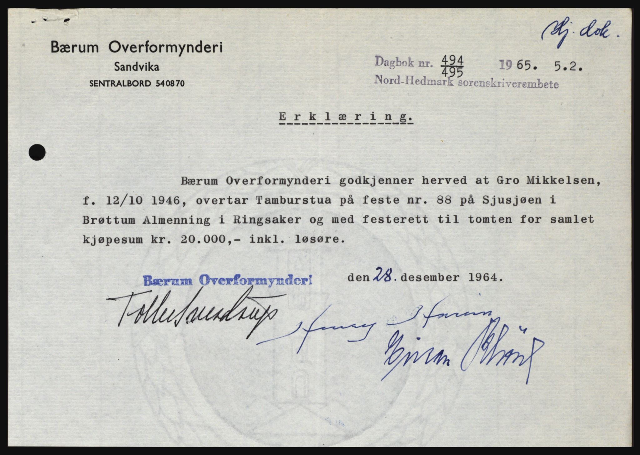 Nord-Hedmark sorenskriveri, SAH/TING-012/H/Hc/L0021: Pantebok nr. 21, 1964-1965, Dagboknr: 494/1965