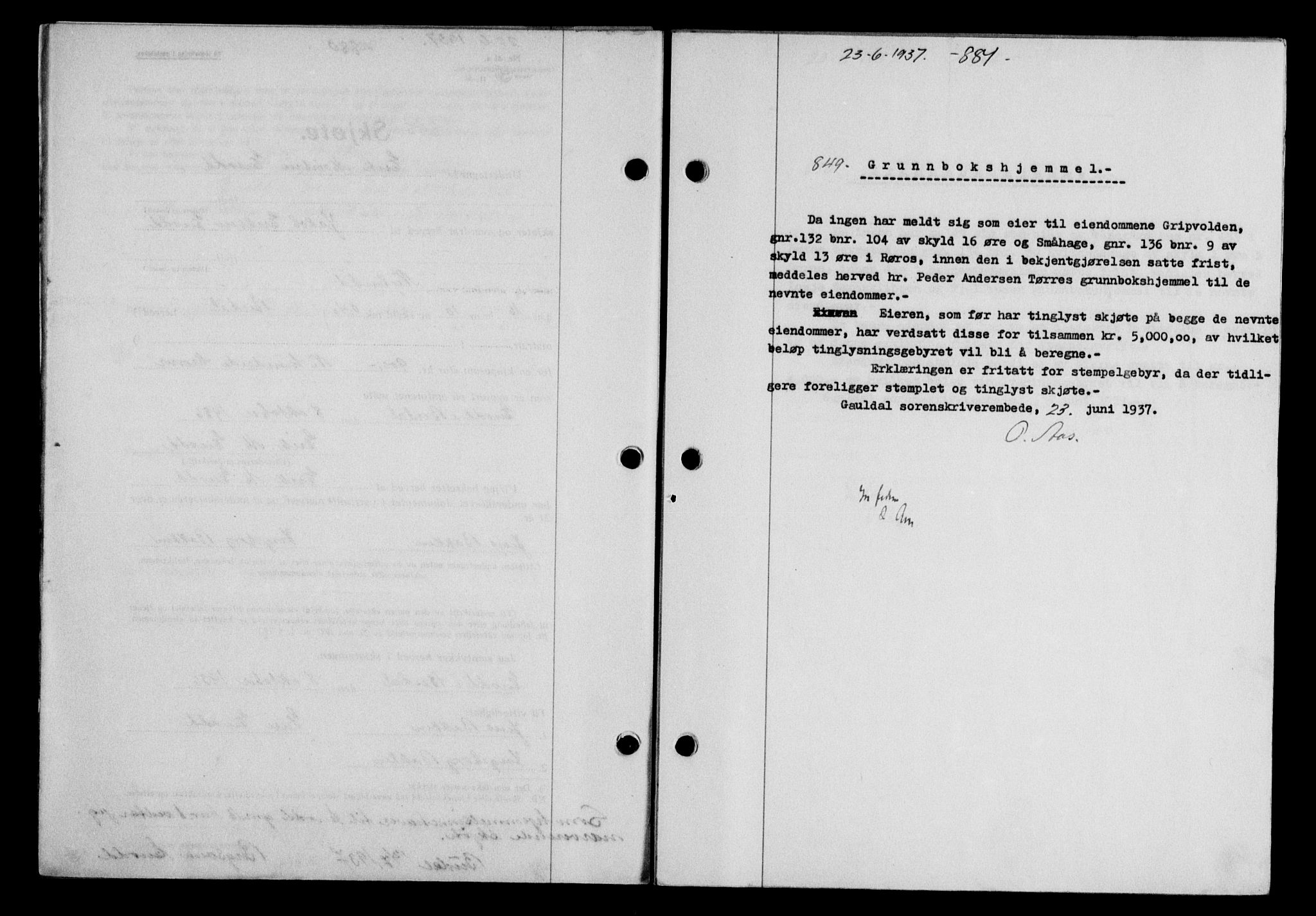 Gauldal sorenskriveri, SAT/A-0014/1/2/2C/L0047: Pantebok nr. 50-51, 1937-1937, Dagboknr: 849/1937