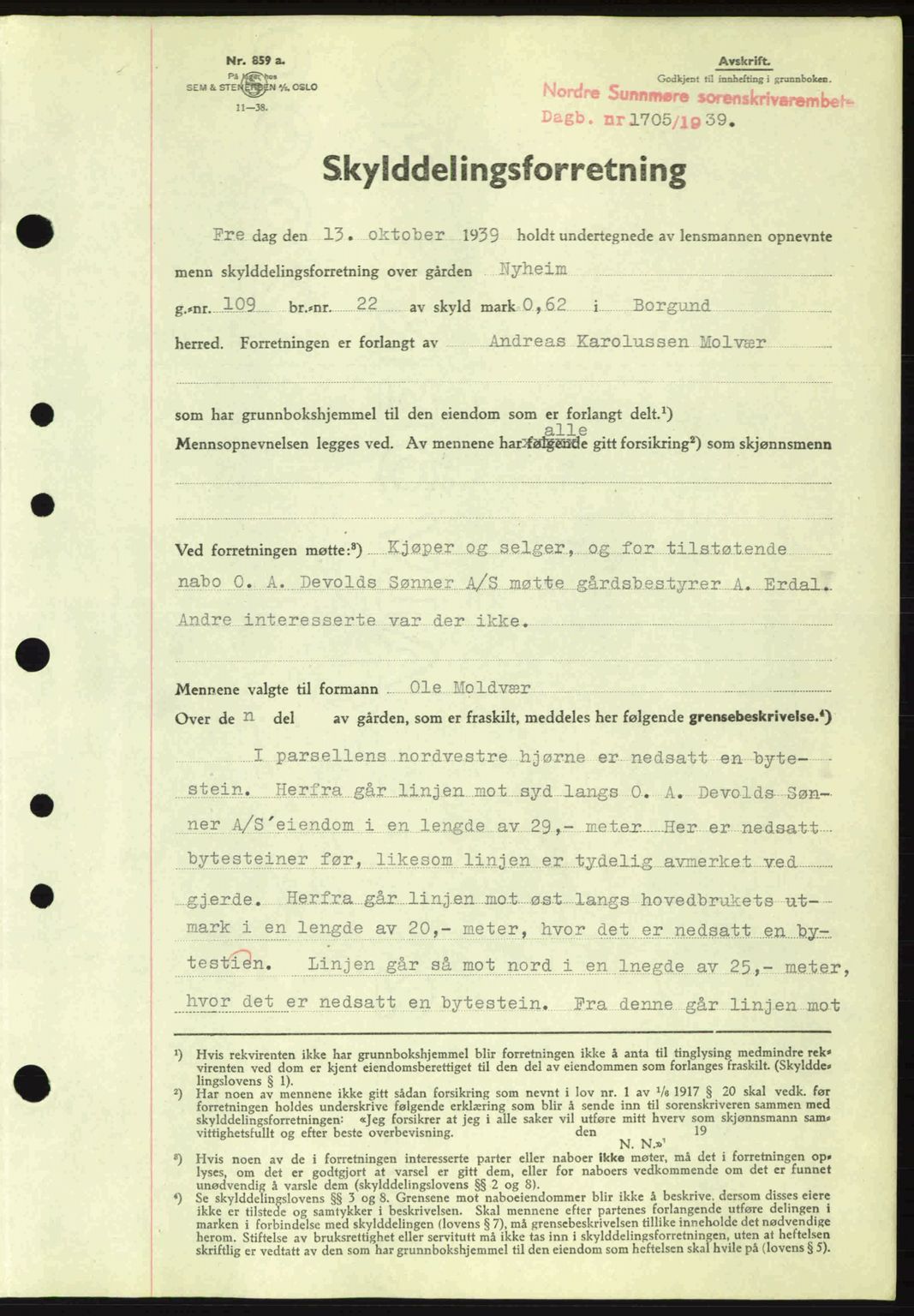 Nordre Sunnmøre sorenskriveri, SAT/A-0006/1/2/2C/2Ca: Pantebok nr. A7, 1939-1939, Dagboknr: 1705/1939