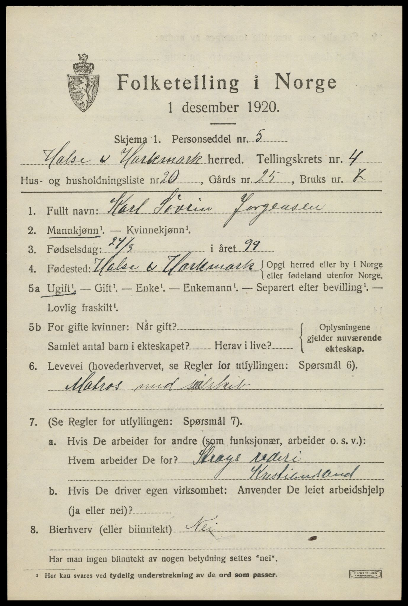 SAK, Folketelling 1920 for 1019 Halse og Harkmark herred, 1920, s. 3026