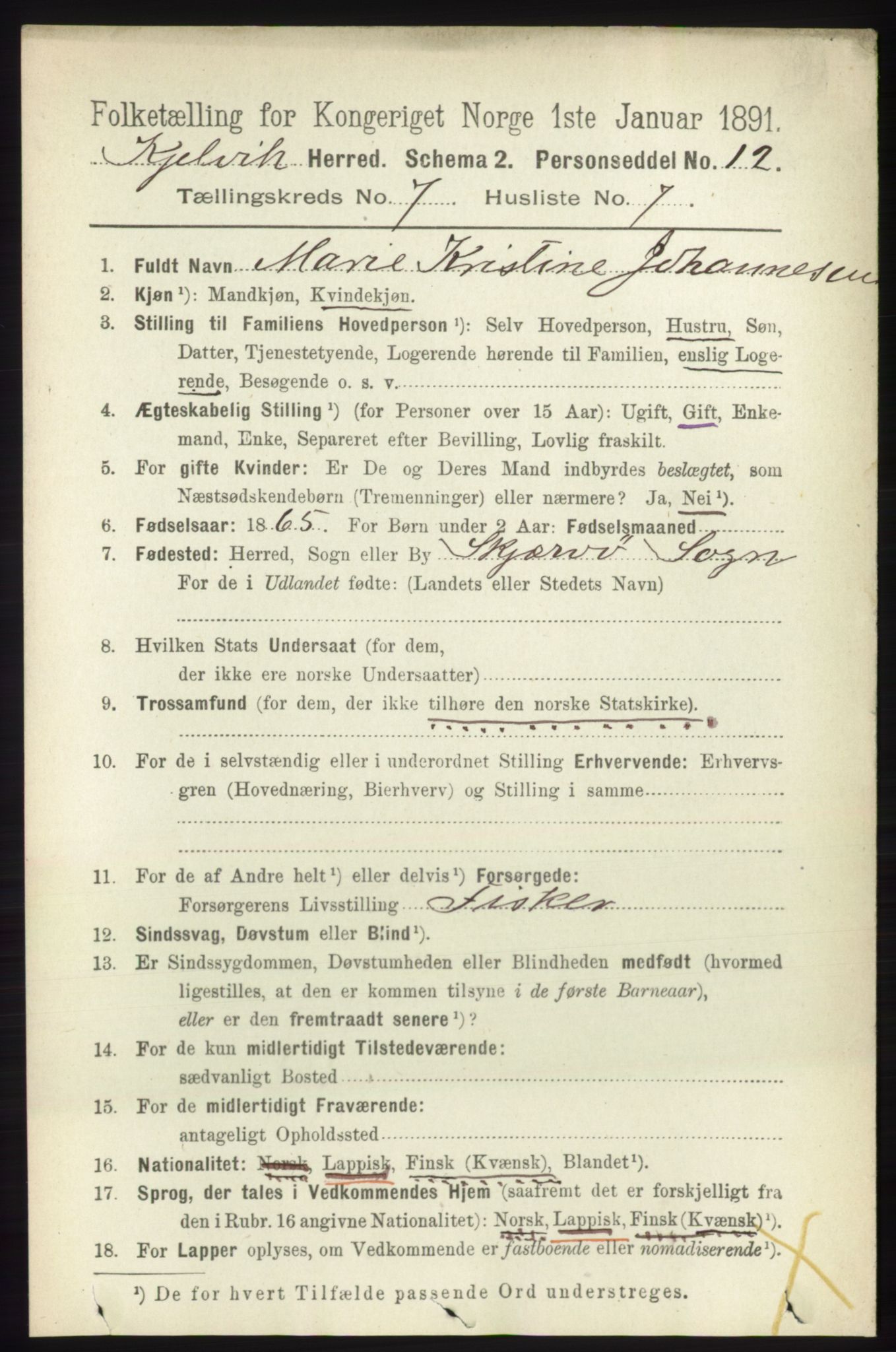 RA, Folketelling 1891 for 2019 Kjelvik herred, 1891, s. 936