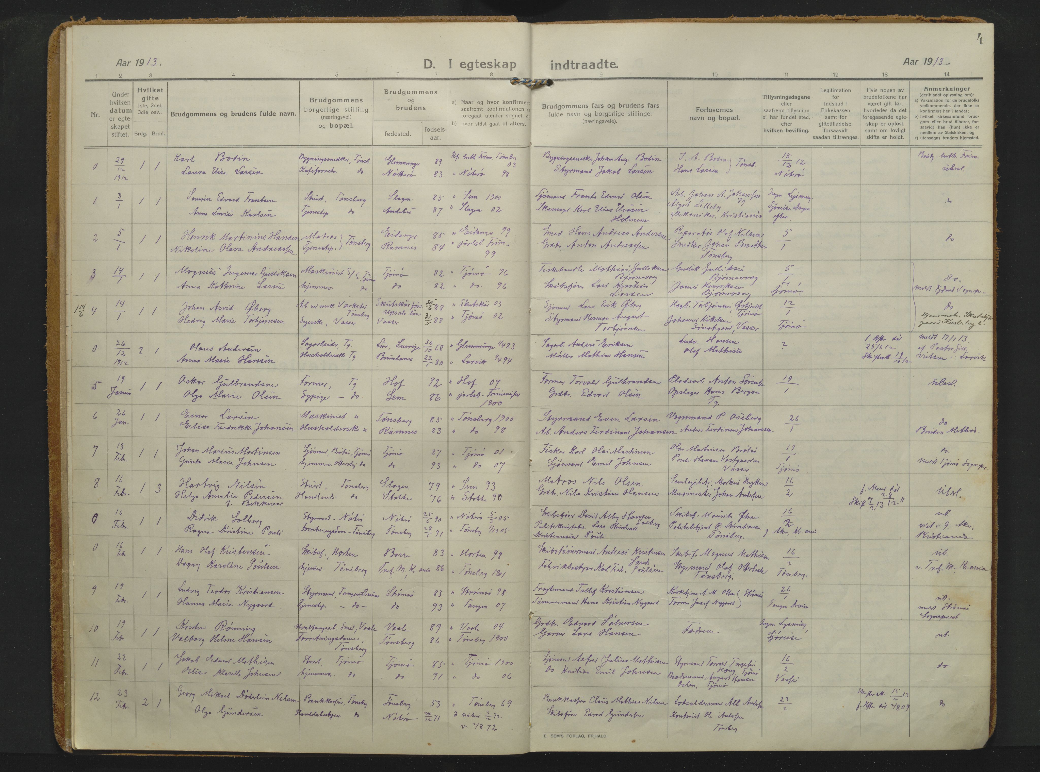 Tønsberg kirkebøker, AV/SAKO-A-330/F/Fa/L0018: Ministerialbok nr. I 18, 1913-1926, s. 4