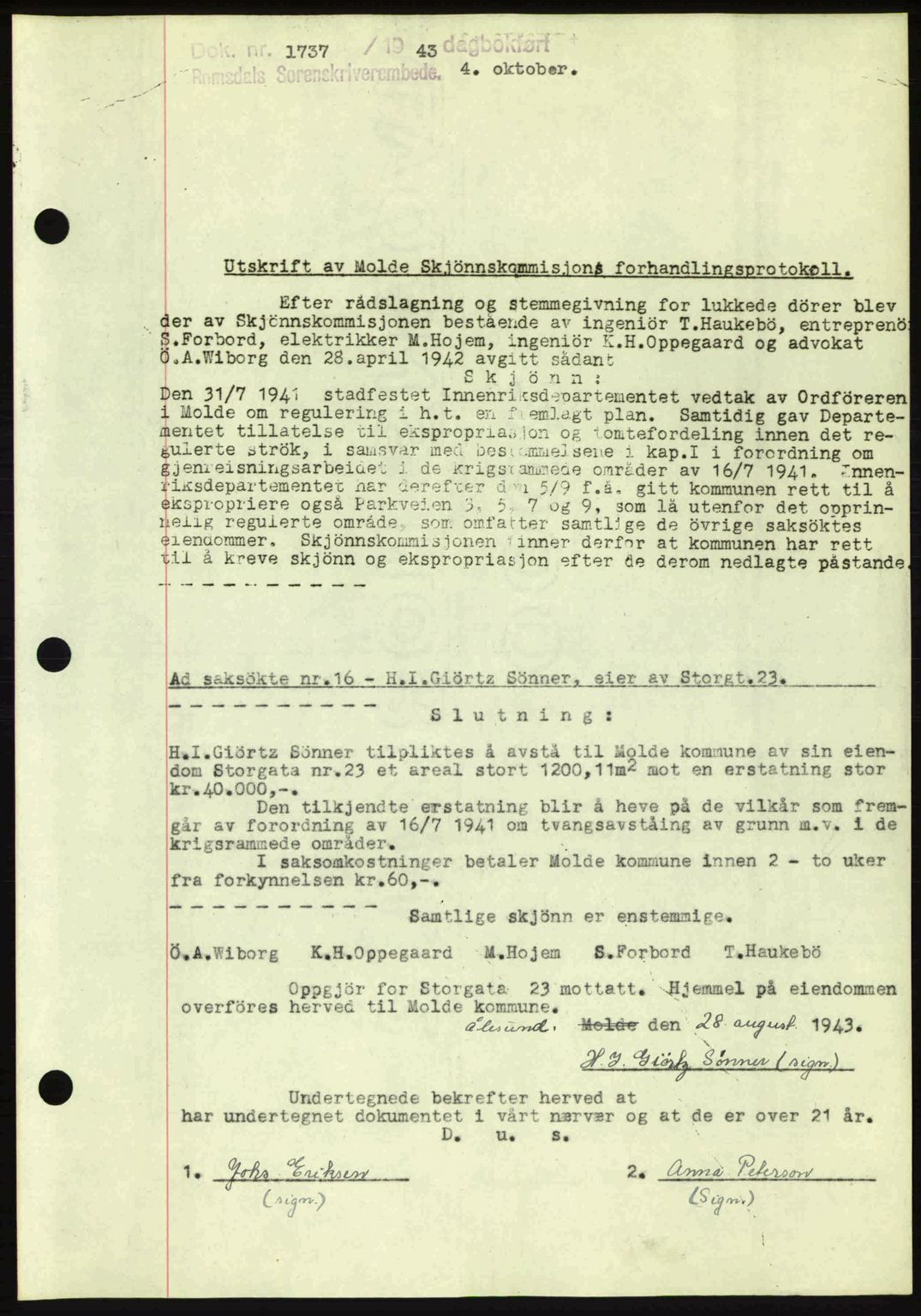 Romsdal sorenskriveri, AV/SAT-A-4149/1/2/2C: Pantebok nr. A15, 1943-1944, Dagboknr: 1737/1943