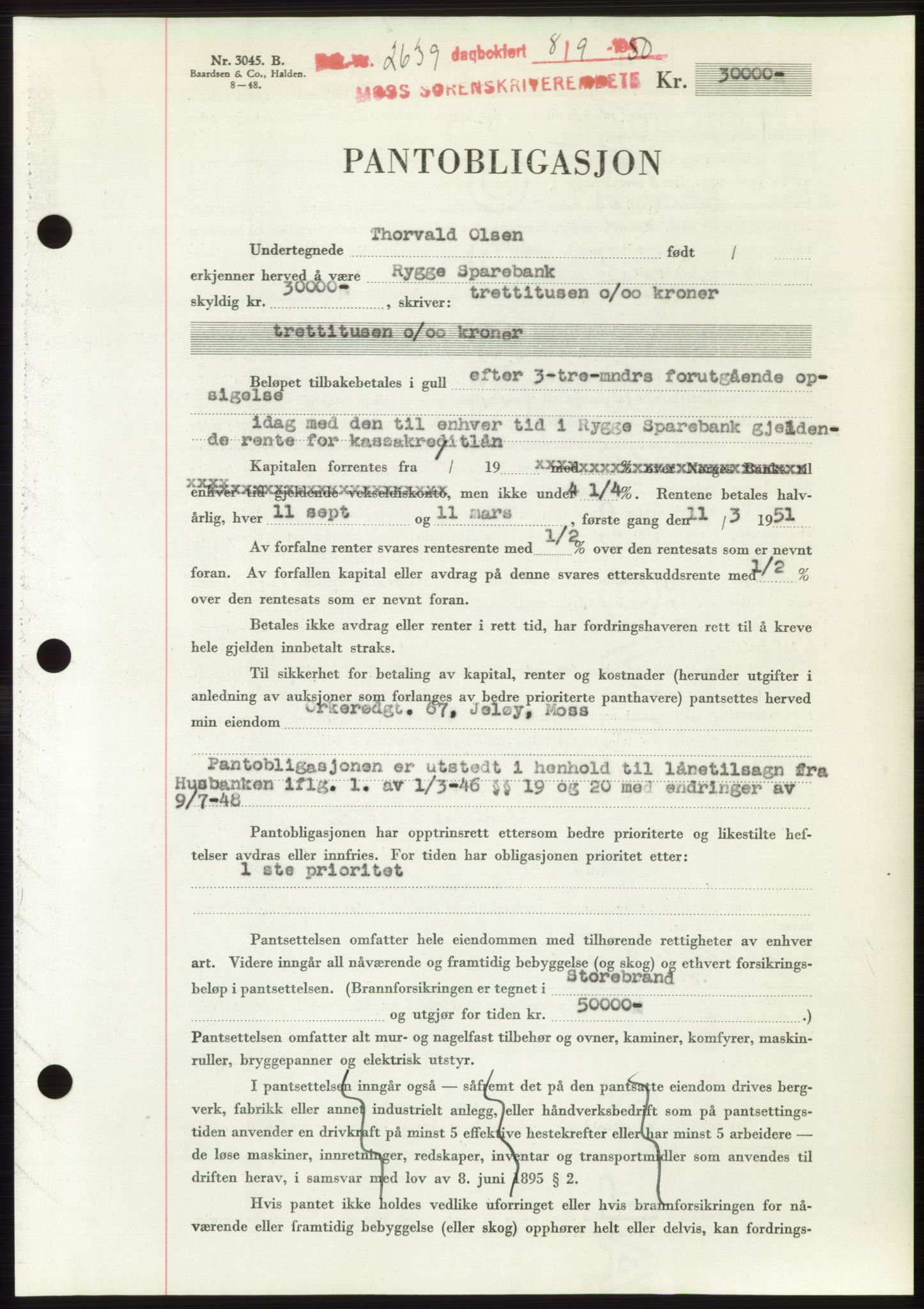 Moss sorenskriveri, SAO/A-10168: Pantebok nr. B25, 1950-1950, Dagboknr: 2639/1950