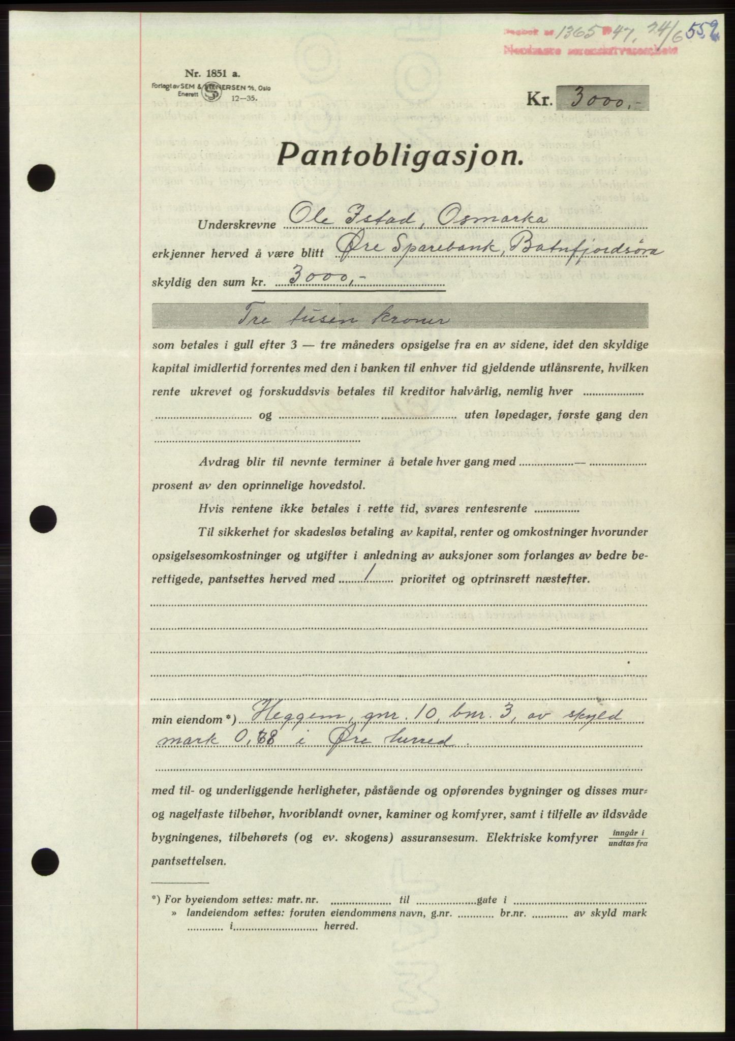 Nordmøre sorenskriveri, SAT/A-4132/1/2/2Ca: Pantebok nr. B96, 1947-1947, Dagboknr: 1365/1947