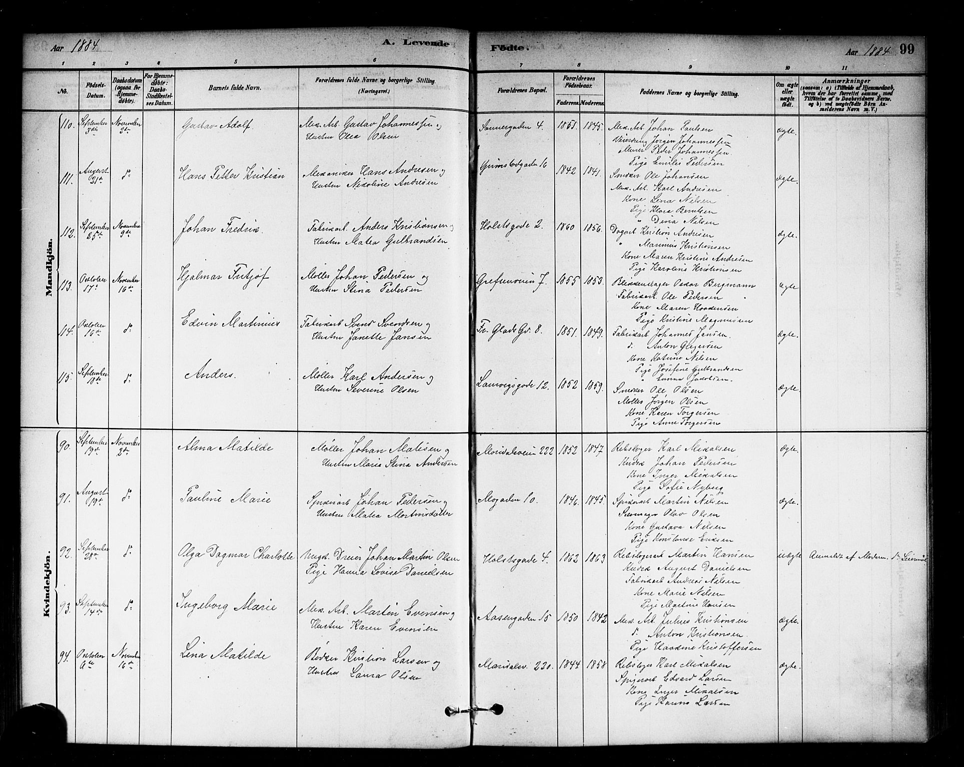 Sagene prestekontor Kirkebøker, AV/SAO-A-10796/G/L0001: Klokkerbok nr. 1, 1880-1891, s. 99