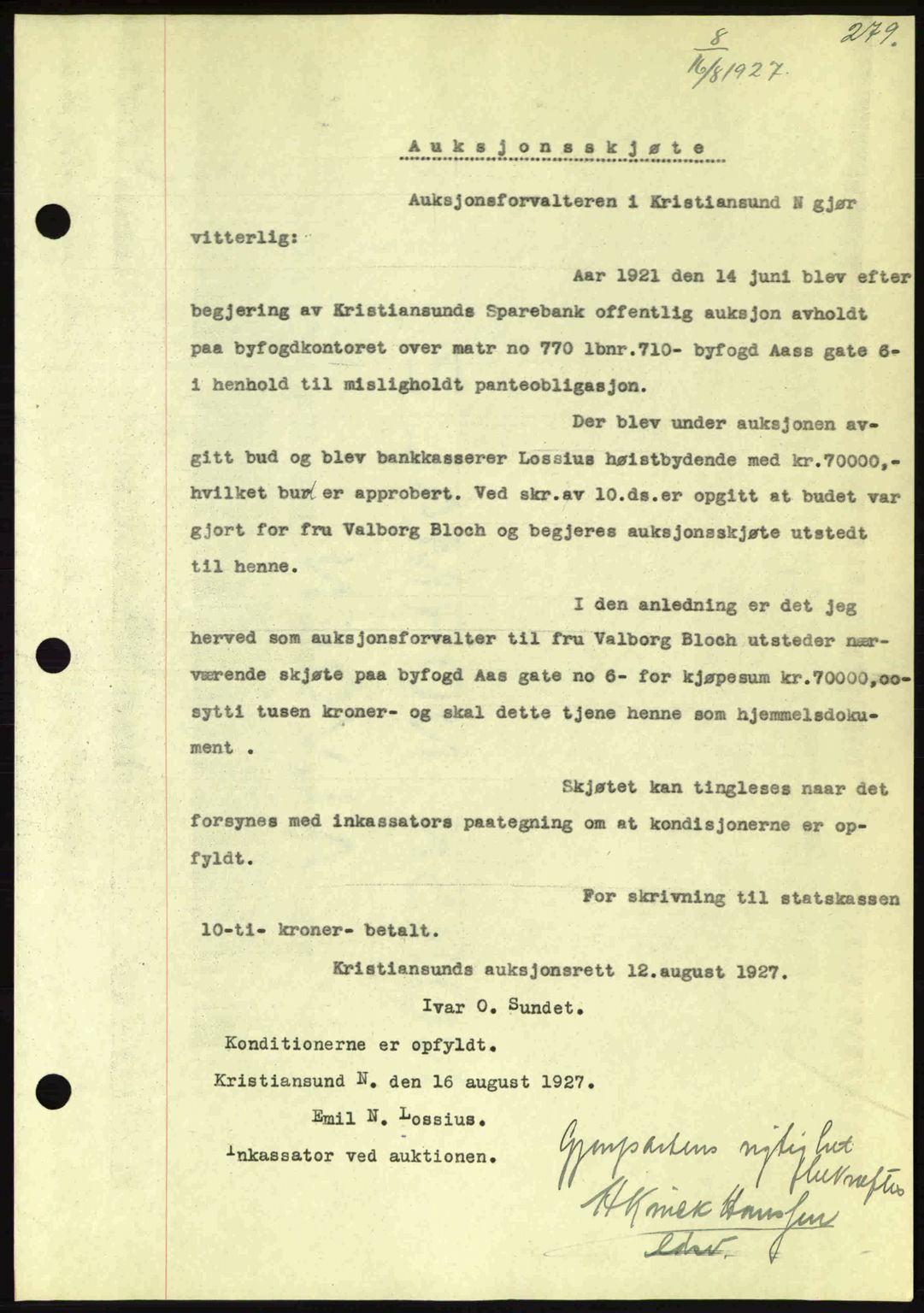 Kristiansund byfogd, AV/SAT-A-4587/A/27: Pantebok nr. 21, 1926-1928, Tingl.dato: 16.08.1927