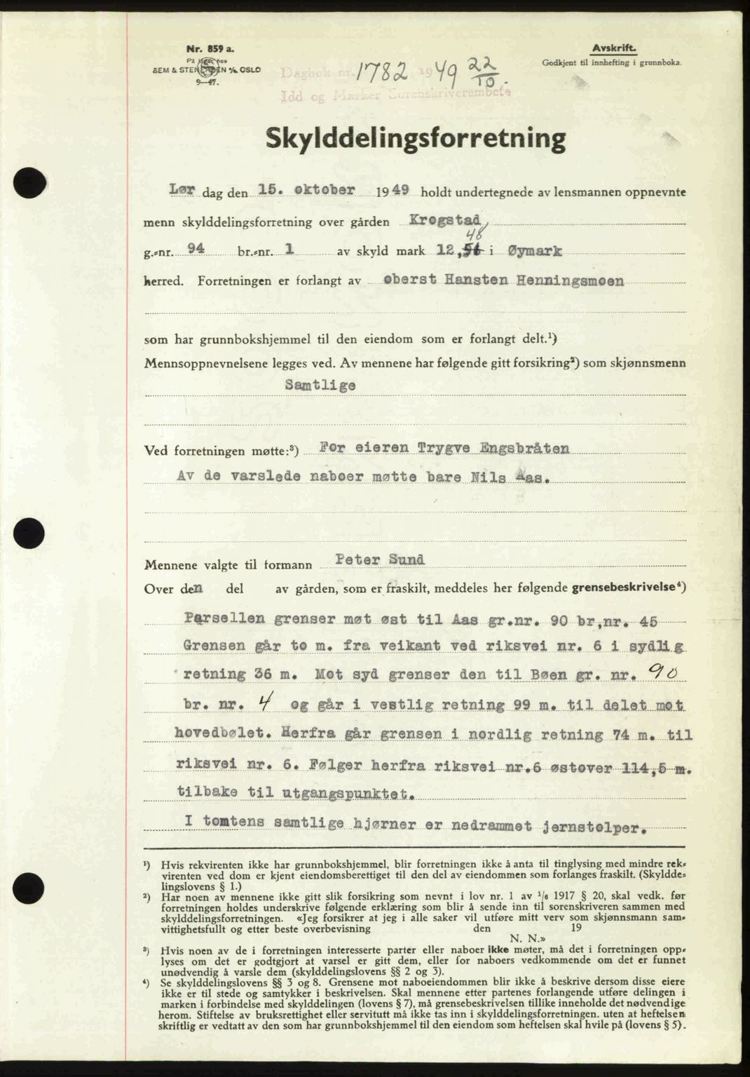 Idd og Marker sorenskriveri, SAO/A-10283/G/Gb/Gbb/L0013: Pantebok nr. A13, 1949-1950, Dagboknr: 1782/1949