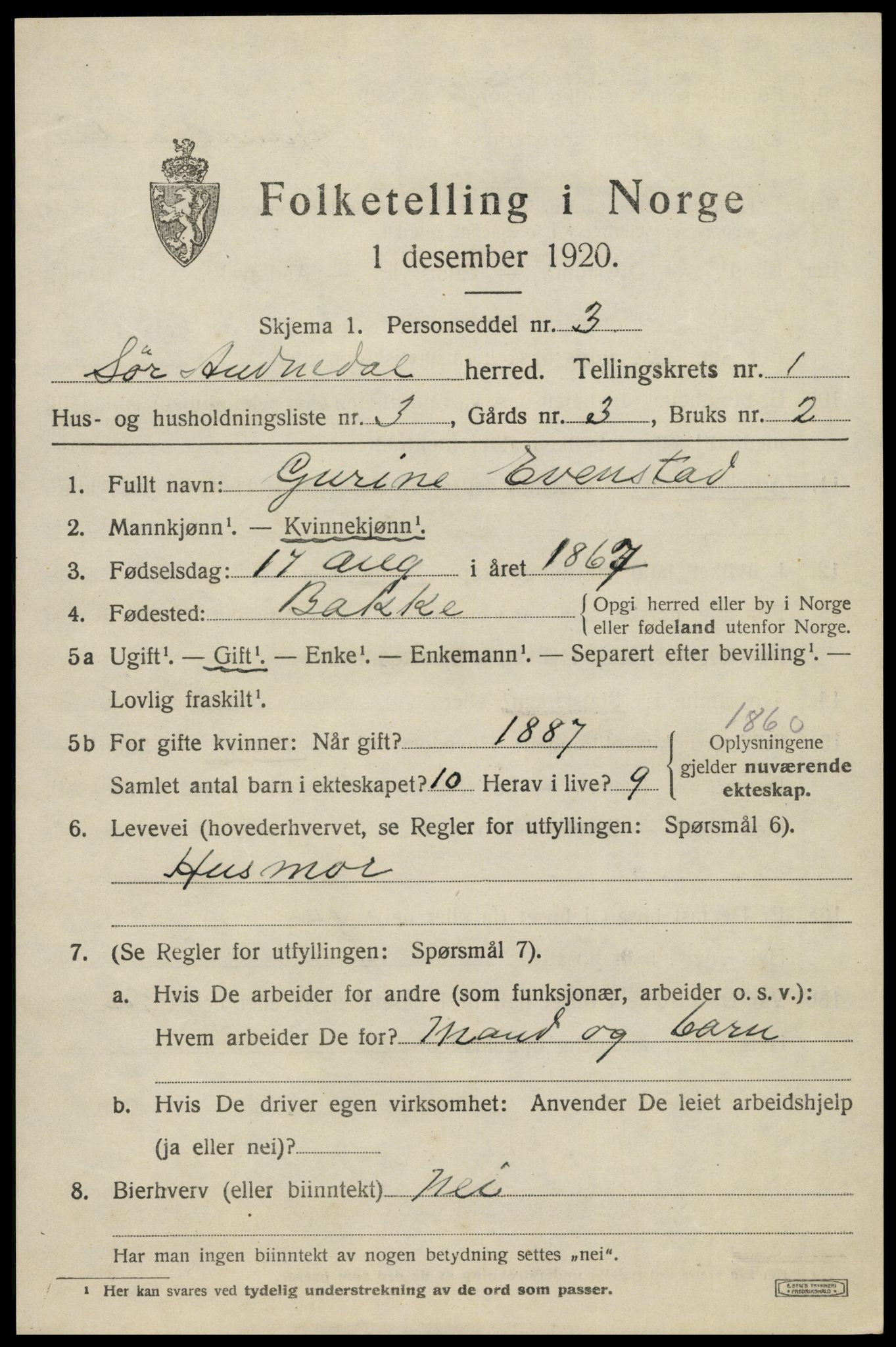 SAK, Folketelling 1920 for 1029 Sør-Audnedal herred, 1920, s. 1481