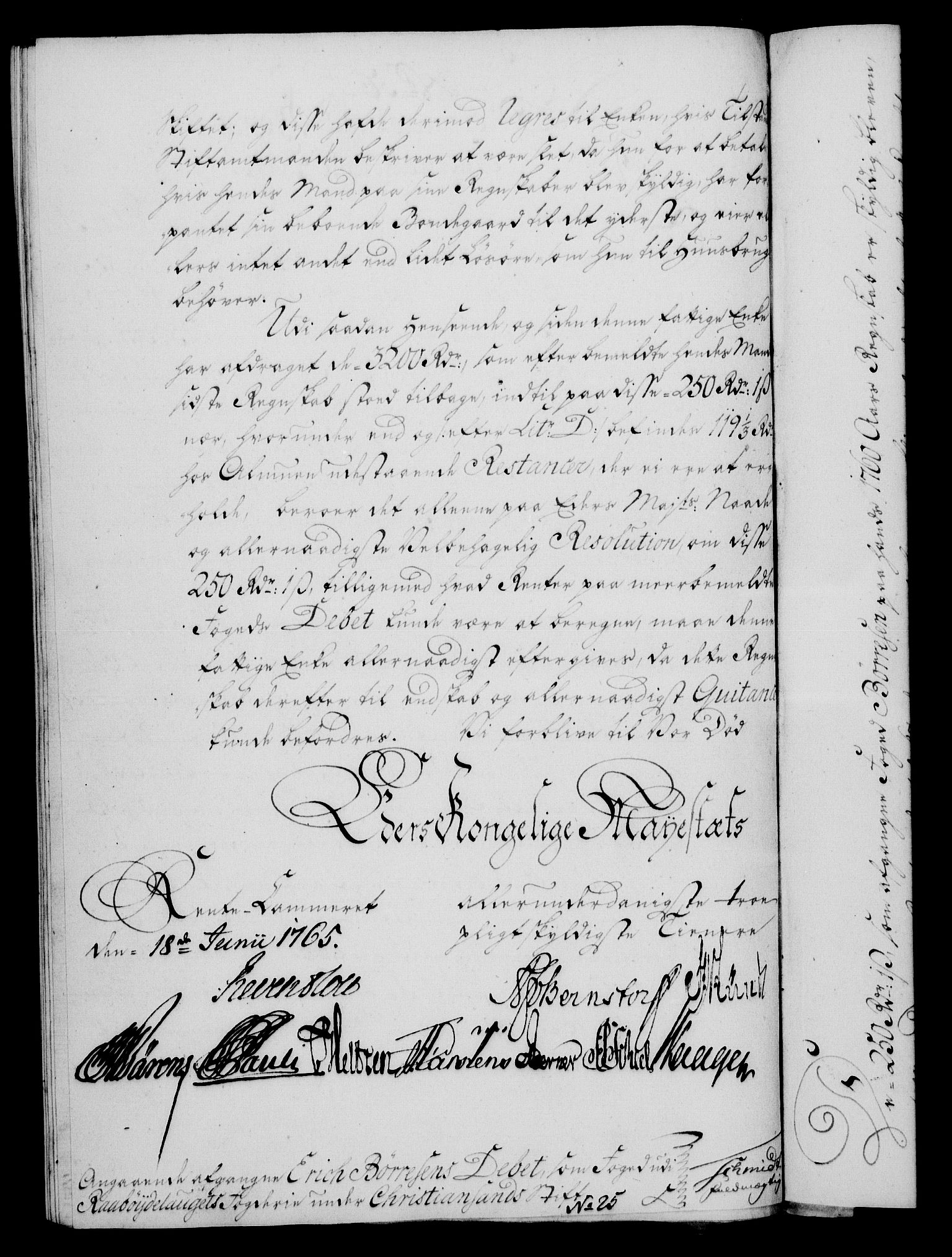 Rentekammeret, Kammerkanselliet, RA/EA-3111/G/Gf/Gfa/L0047: Norsk relasjons- og resolusjonsprotokoll (merket RK 52.47), 1765, s. 258