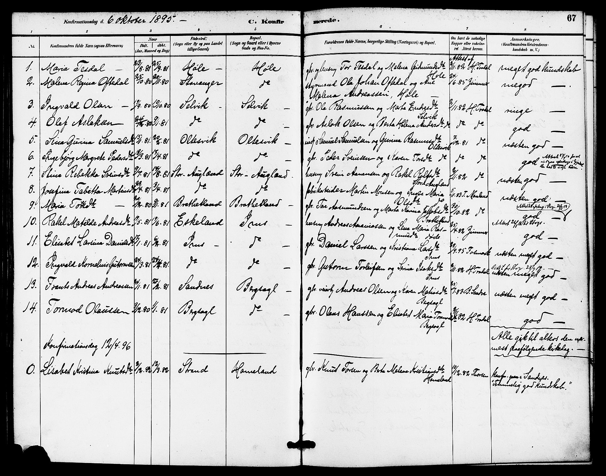 Høgsfjord sokneprestkontor, AV/SAST-A-101624/H/Ha/Haa/L0005: Ministerialbok nr. A 5, 1885-1897, s. 67