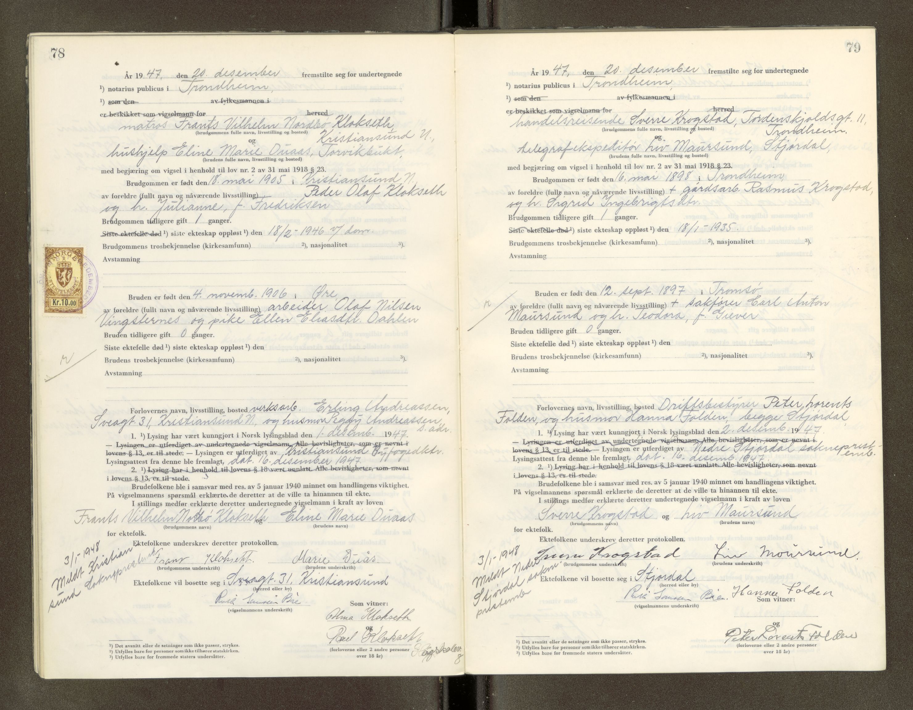 Trondheim byfogd, AV/SAT-A-0003/1/6/6D/L0005: Vigselbøker, 1944-1948, s. 78-79