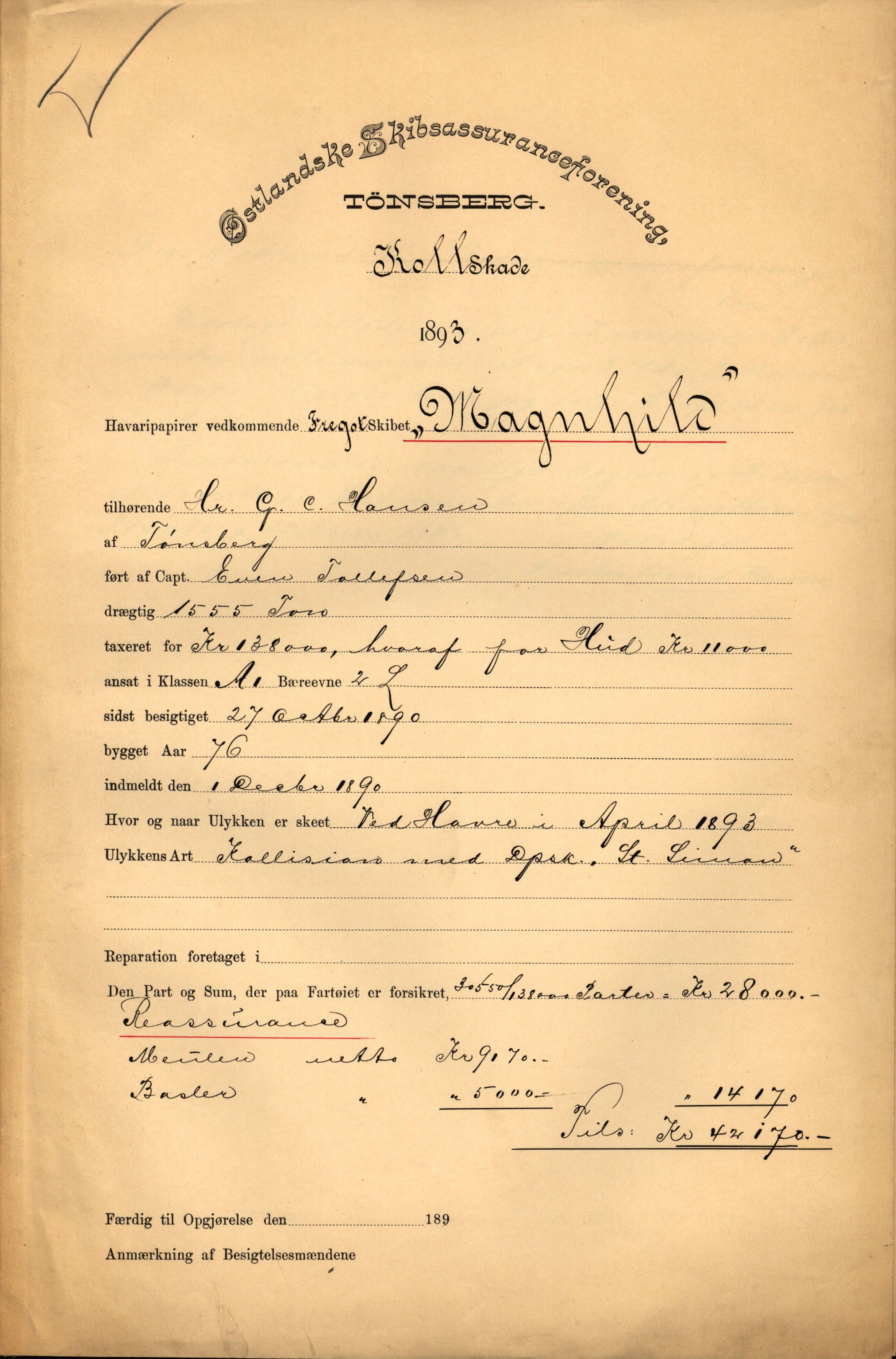 Pa 63 - Østlandske skibsassuranceforening, VEMU/A-1079/G/Ga/L0030/0007: Havaridokumenter / Furu, Magnhild, Magnolia, Havfruen, Tichborne, 1893, s. 6