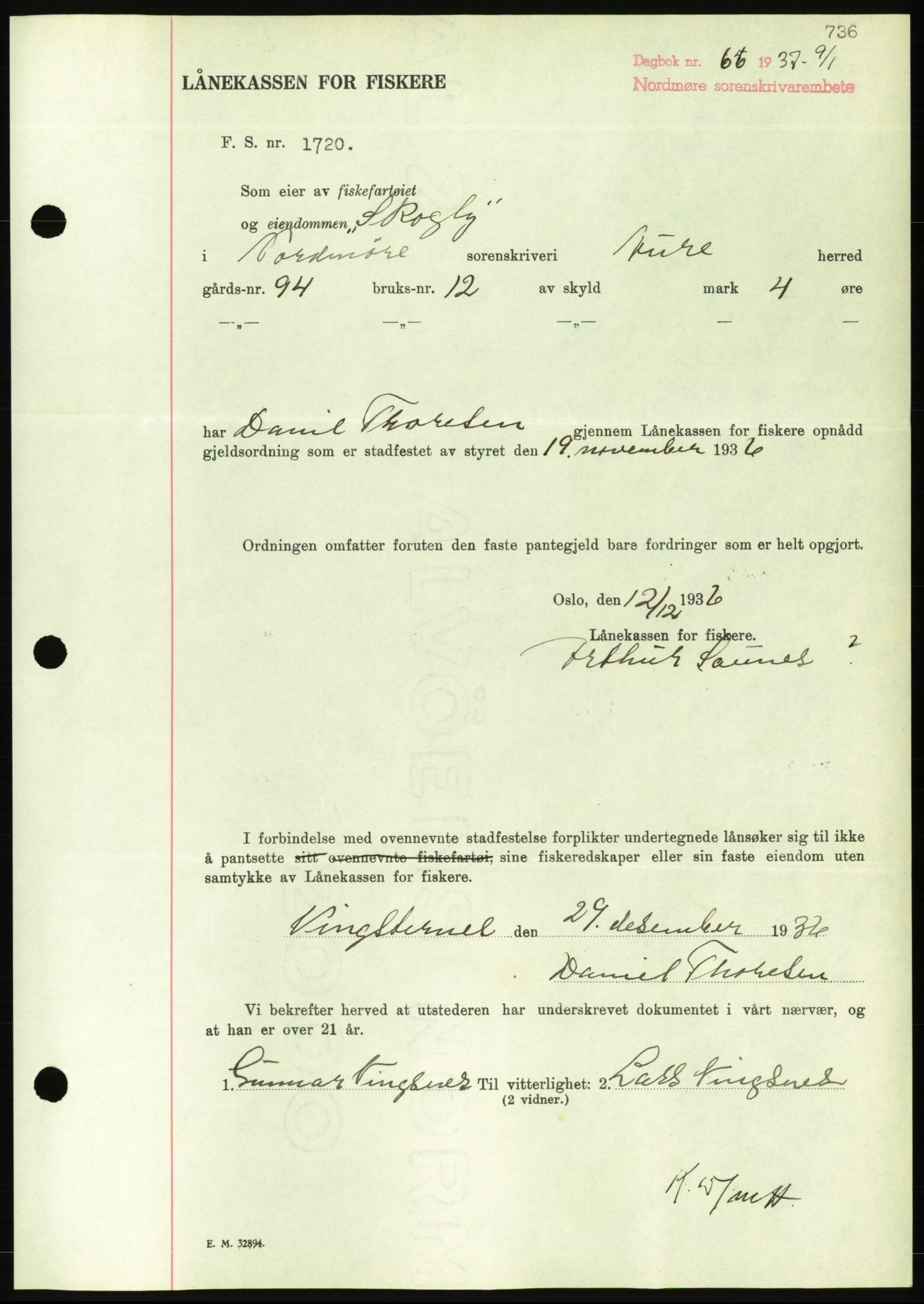 Nordmøre sorenskriveri, AV/SAT-A-4132/1/2/2Ca/L0090: Pantebok nr. B80, 1936-1937, Dagboknr: 66/1937