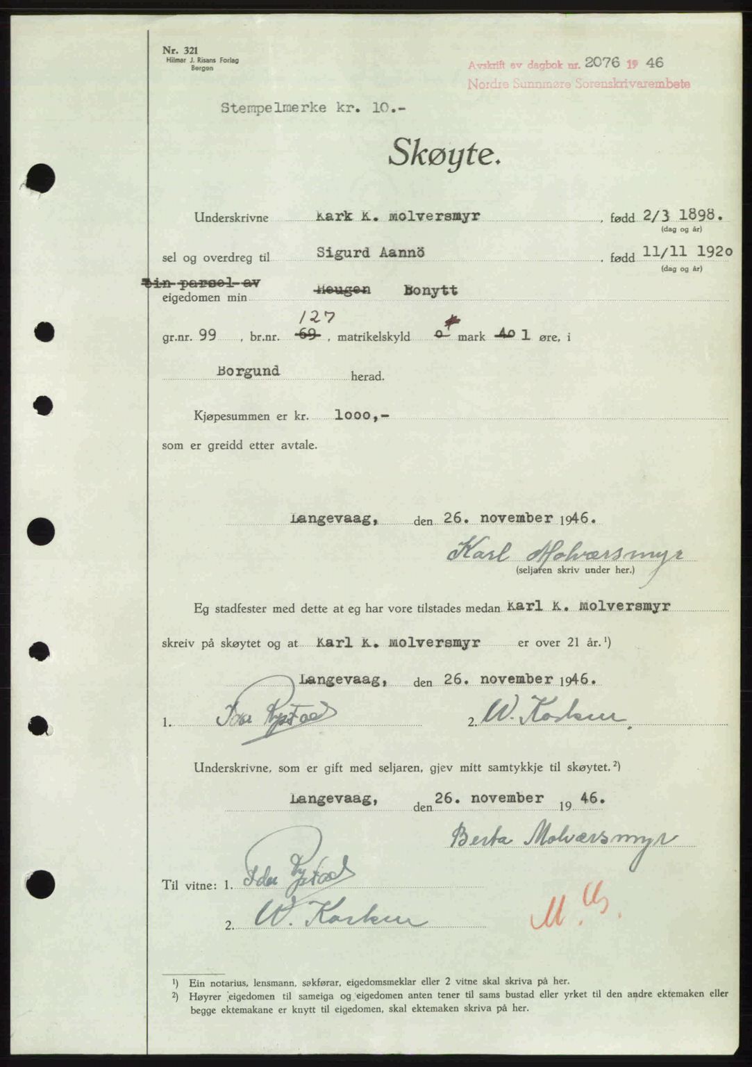 Nordre Sunnmøre sorenskriveri, AV/SAT-A-0006/1/2/2C/2Ca: Pantebok nr. A23, 1946-1947, Dagboknr: 2076/1946