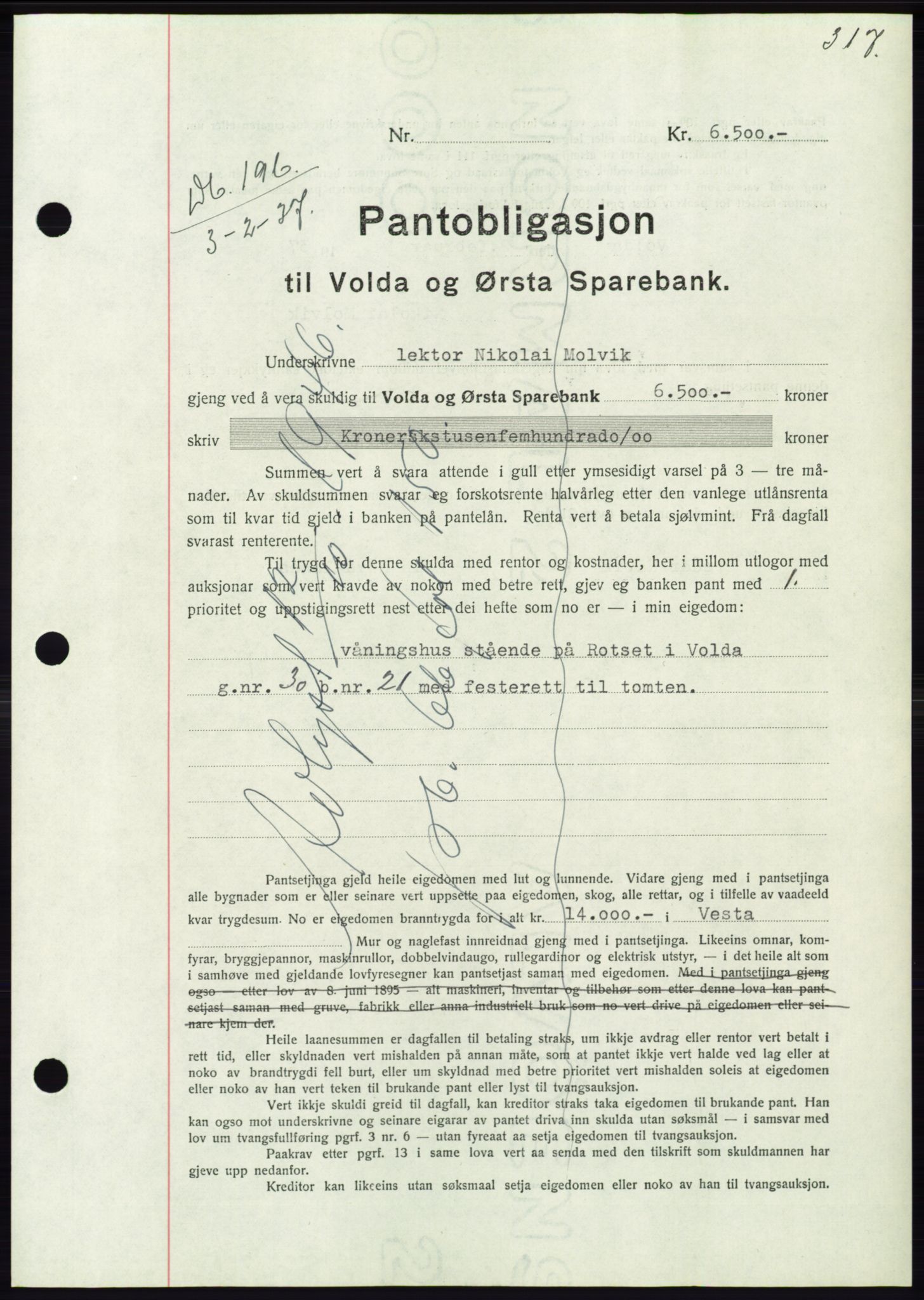 Søre Sunnmøre sorenskriveri, AV/SAT-A-4122/1/2/2C/L0062: Pantebok nr. 56, 1936-1937, Dagboknr: 196/1937