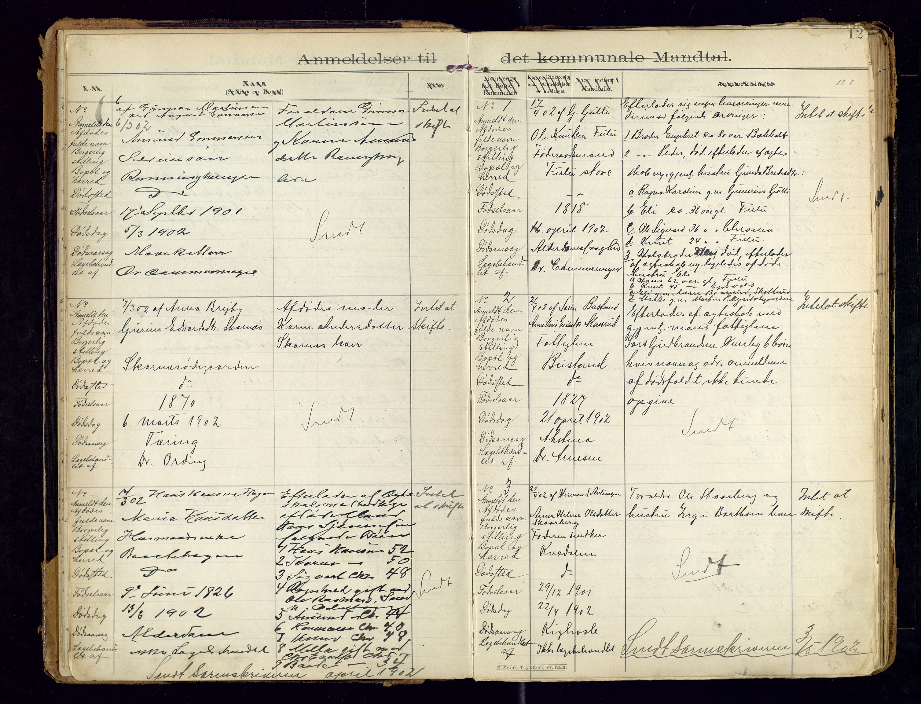 Sør-Odal lensmannskontor, SAH/LHS-022/H/Hb/L0001/0002: Protokoller over anmeldte dødsfall / Protokoll over anmeldte dødsfall, 1901-1913, s. 12
