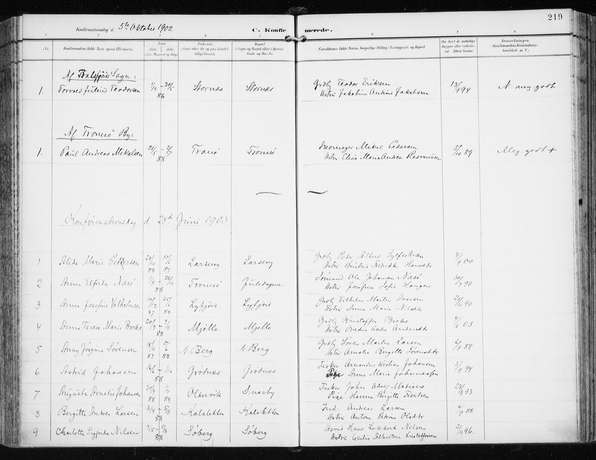 Tromsøysund sokneprestkontor, AV/SATØ-S-1304/G/Ga/L0006kirke: Ministerialbok nr. 6, 1897-1906, s. 219