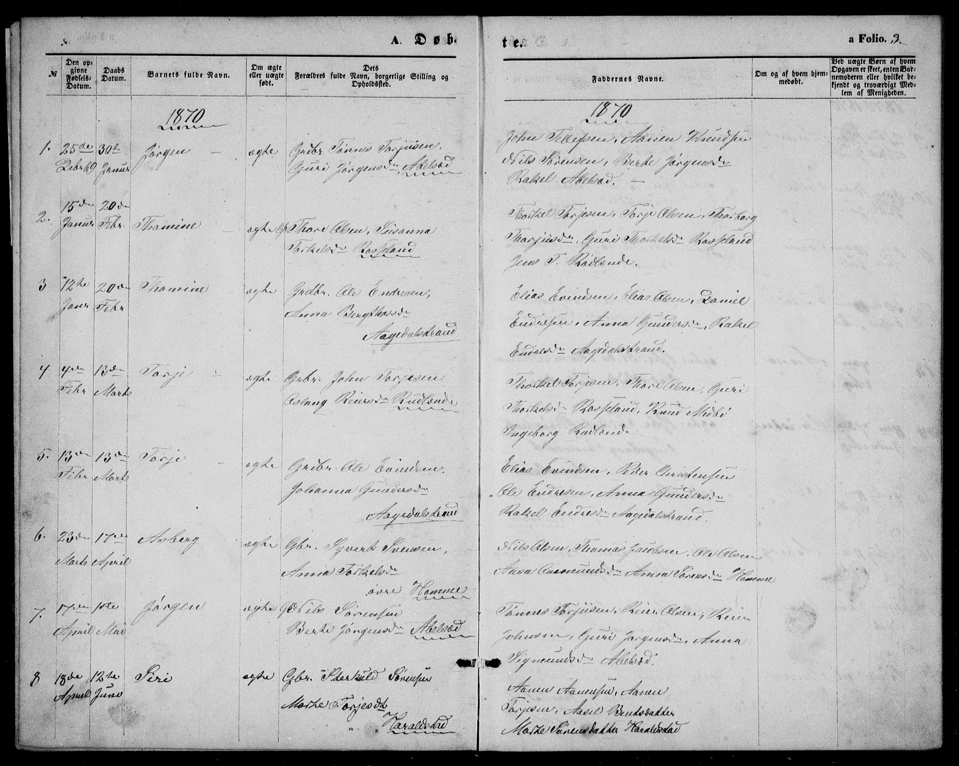 Bjelland sokneprestkontor, AV/SAK-1111-0005/F/Fb/Fba/L0004: Klokkerbok nr. B 4, 1869-1886, s. 3
