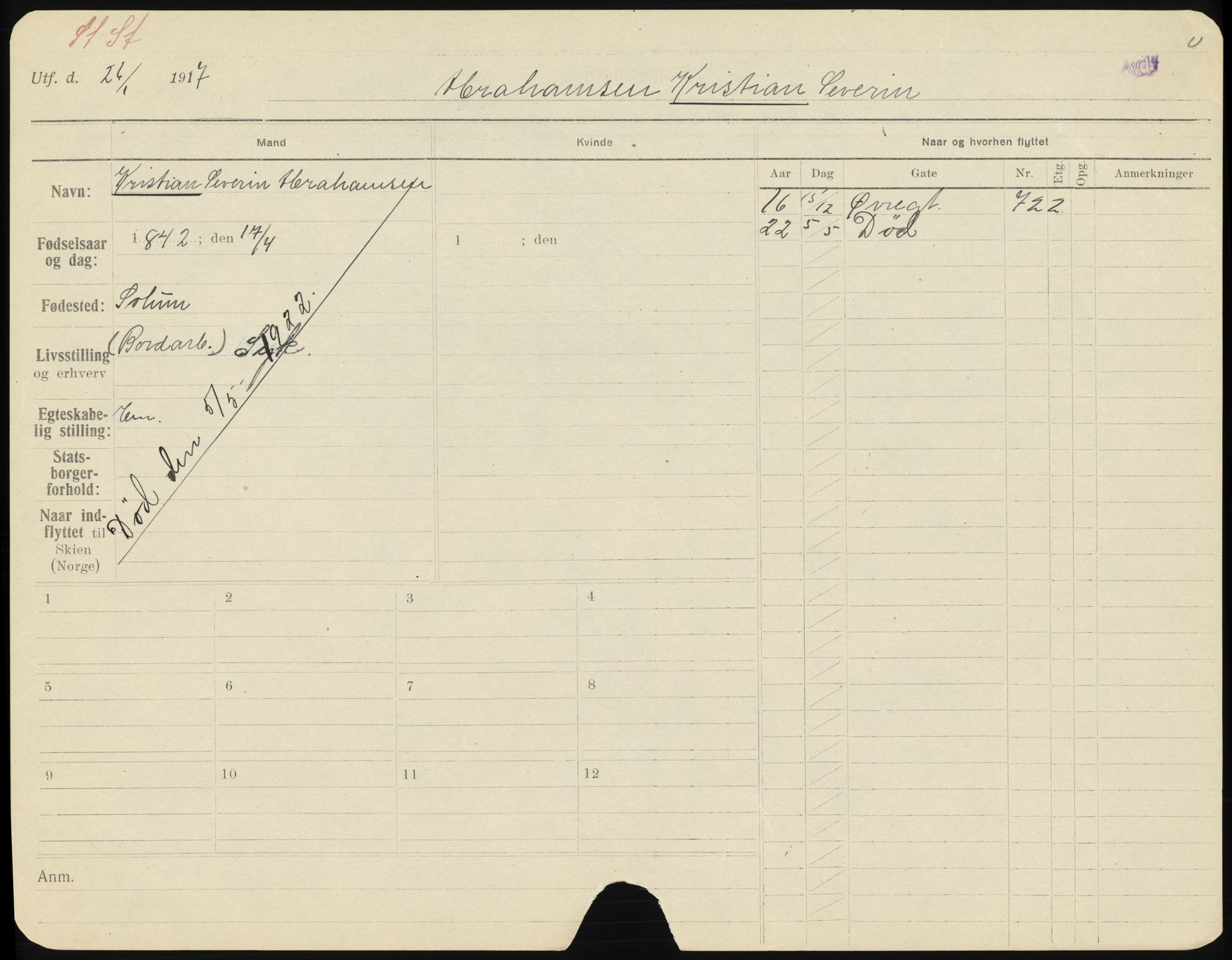 Skien folkeregister, AV/SAKO-A-425/H/Ha/L0001: Døde, 1916-1929, s. 865