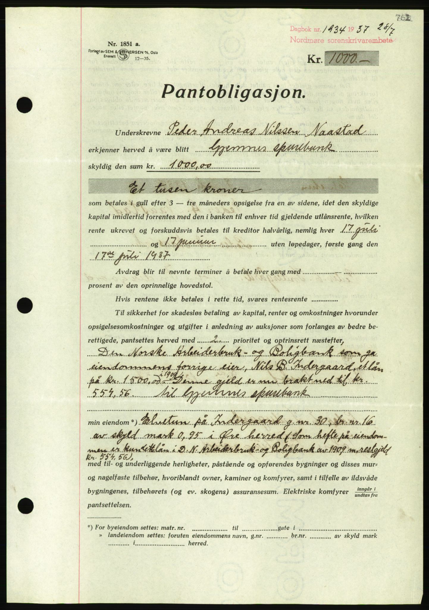 Nordmøre sorenskriveri, AV/SAT-A-4132/1/2/2Ca/L0091: Pantebok nr. B81, 1937-1937, Dagboknr: 1934/1937