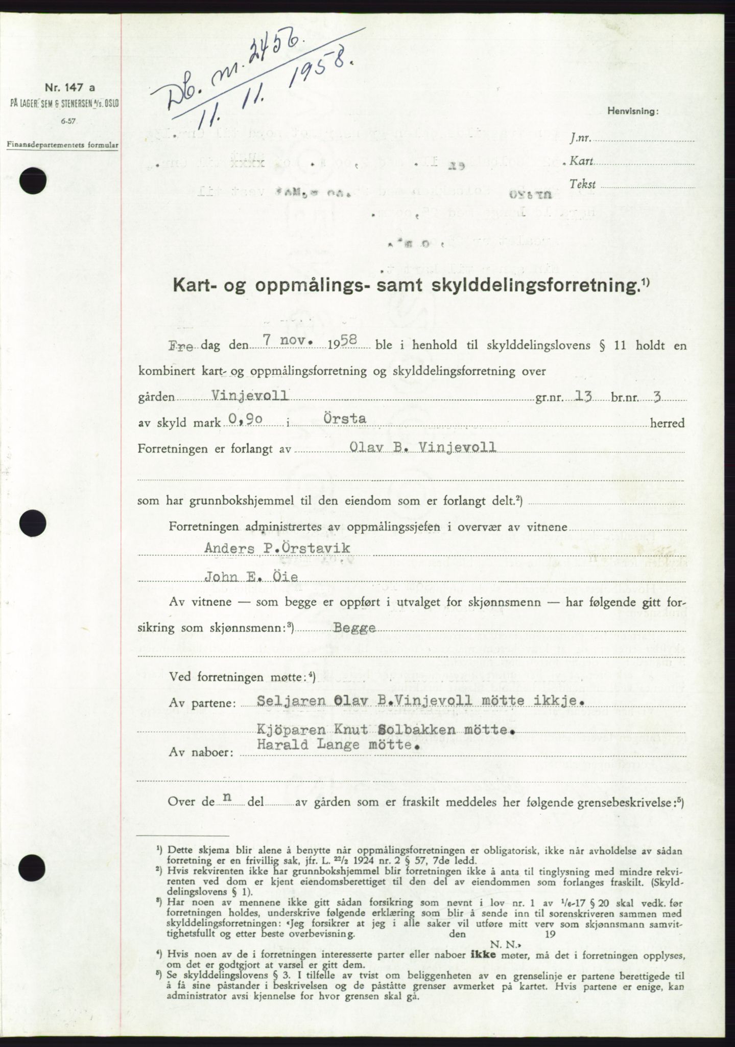 Søre Sunnmøre sorenskriveri, SAT/A-4122/1/2/2C/L0111: Pantebok nr. 37A, 1958-1959, Dagboknr: 2456/1958