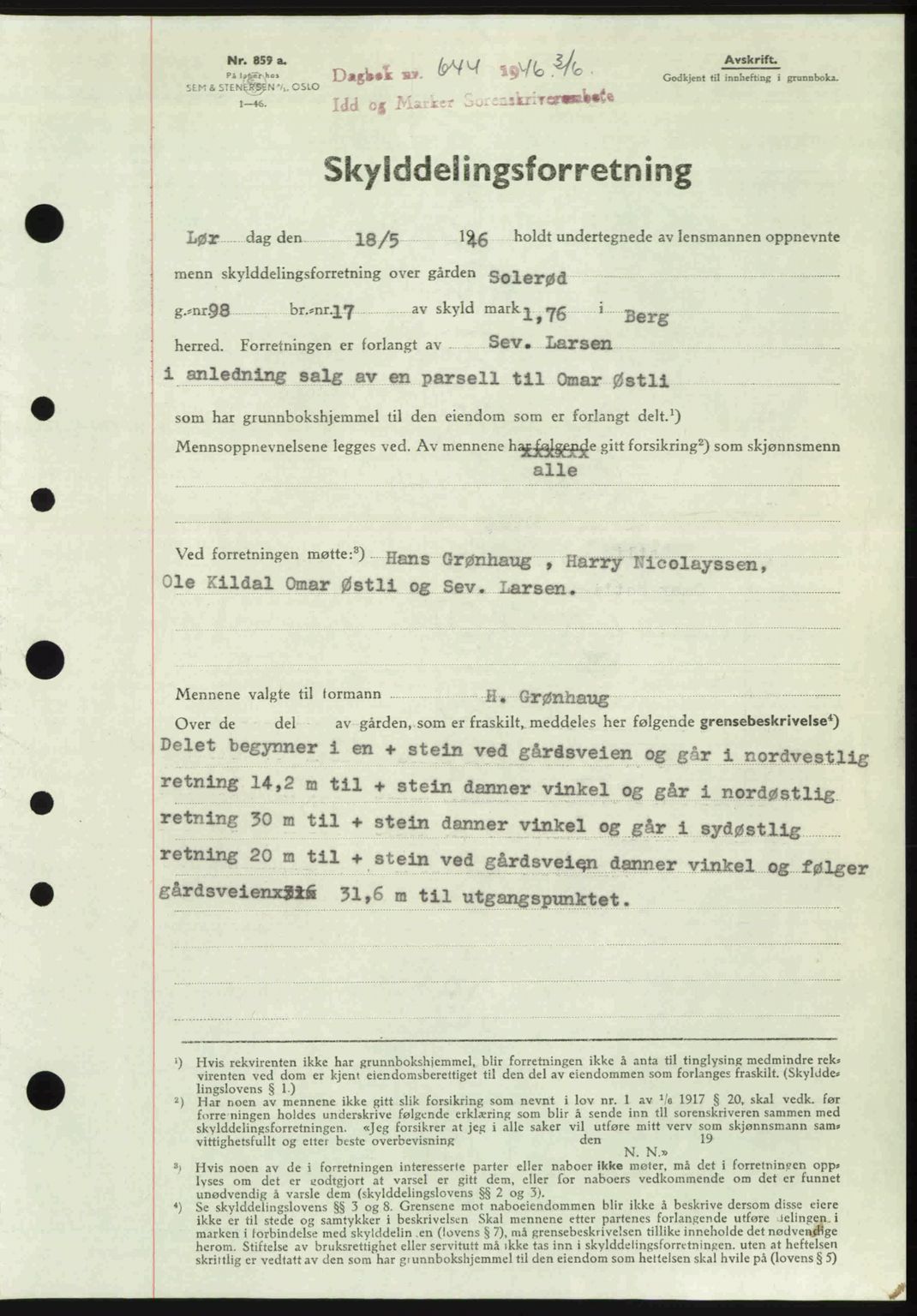 Idd og Marker sorenskriveri, SAO/A-10283/G/Gb/Gbb/L0008: Pantebok nr. A8, 1946-1946, Dagboknr: 644/1946
