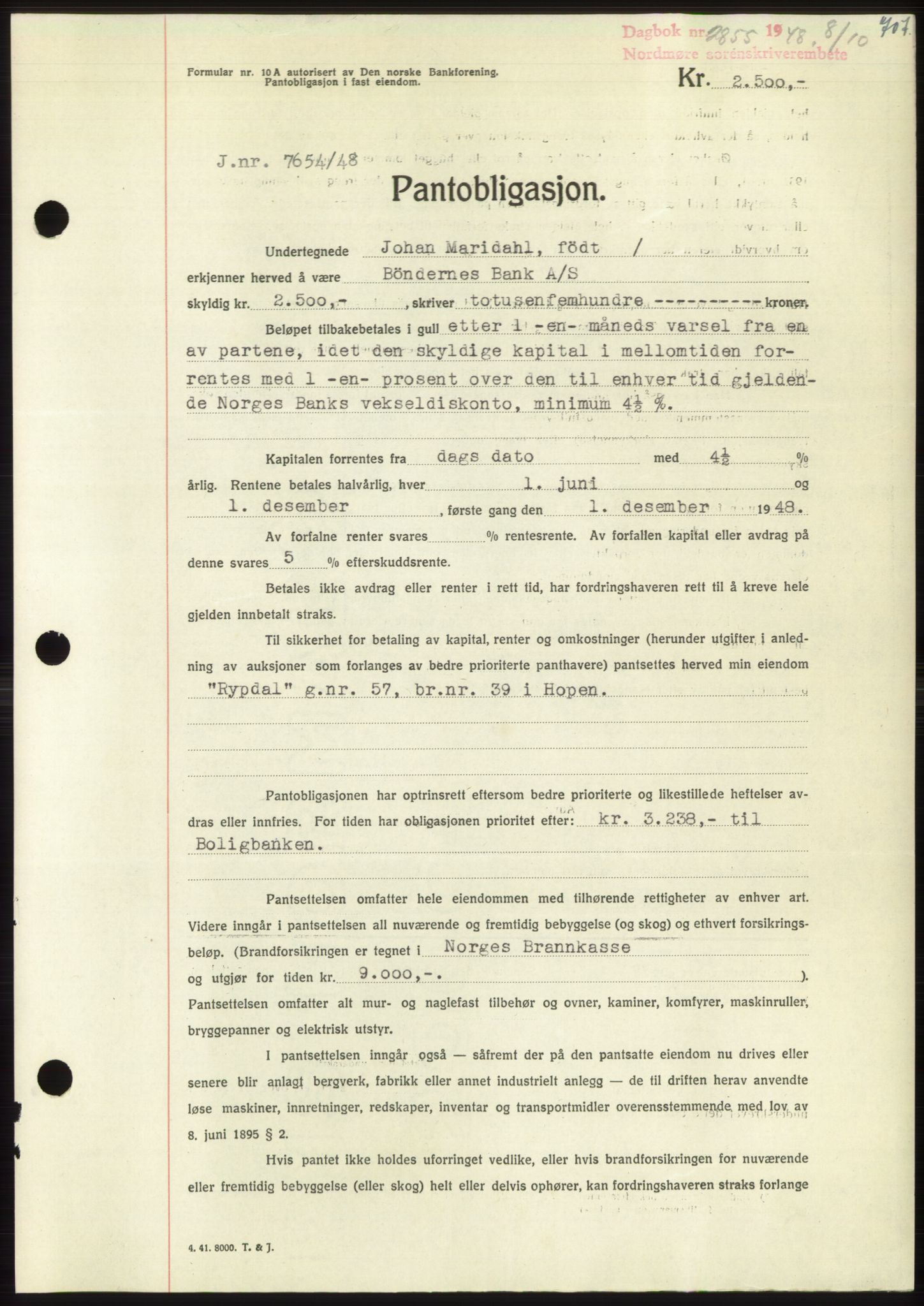 Nordmøre sorenskriveri, SAT/A-4132/1/2/2Ca: Pantebok nr. B99, 1948-1948, Dagboknr: 2855/1948